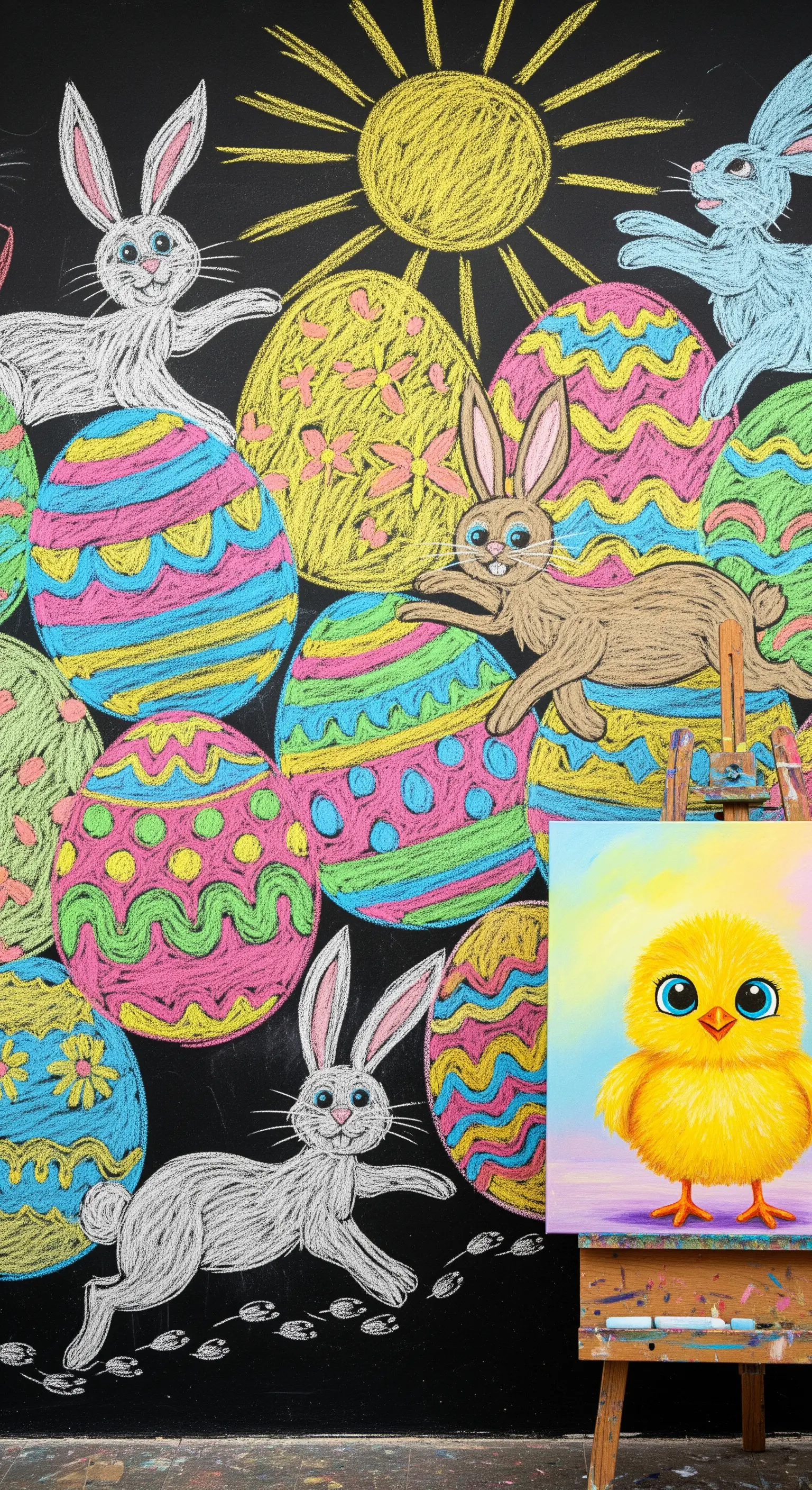 Wandtafel mit Kreidekunst: Hasen, Ostereier und Sonne.