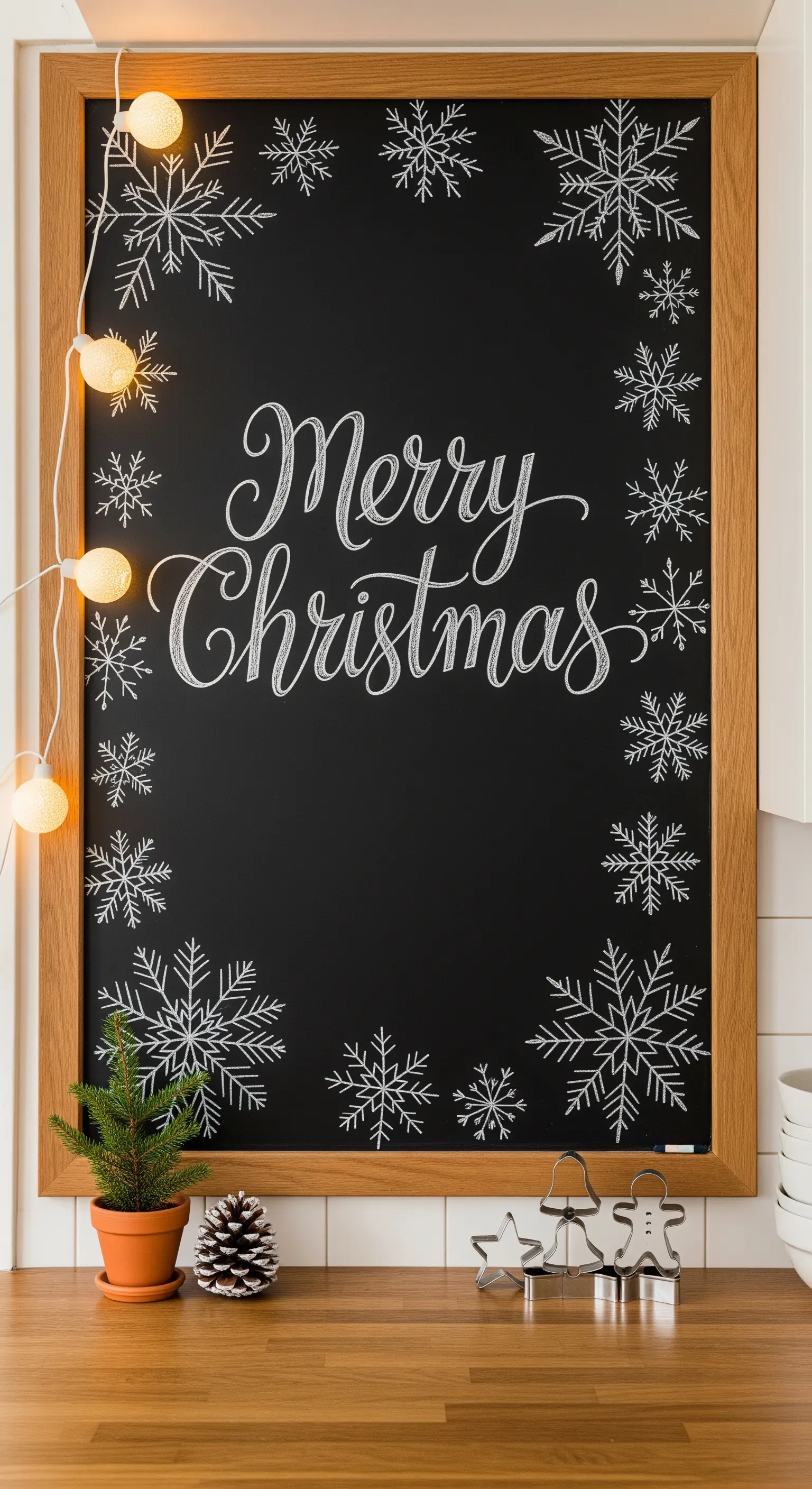Kreidetafel mit „Merry Christmas“, Schneeflocken und Lichterkette.