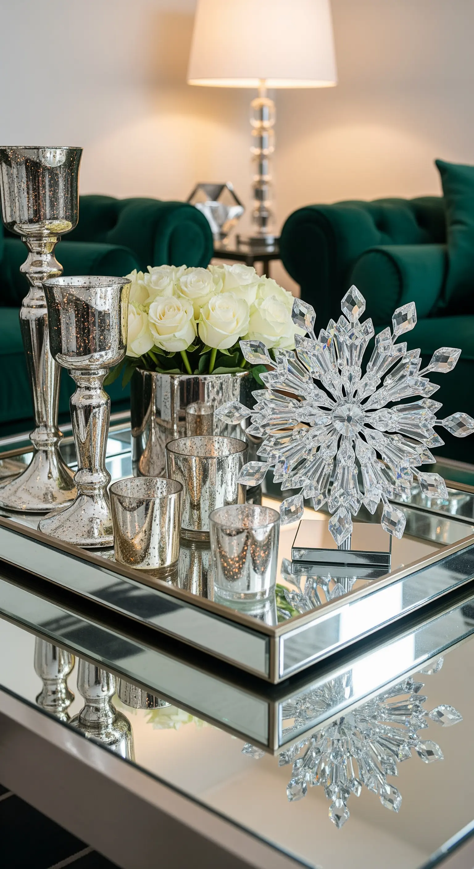 Spiegeltablett mit Kristall-Schneeflocke, Quecksilberglas-Kerzenhaltern und weißen Rosen