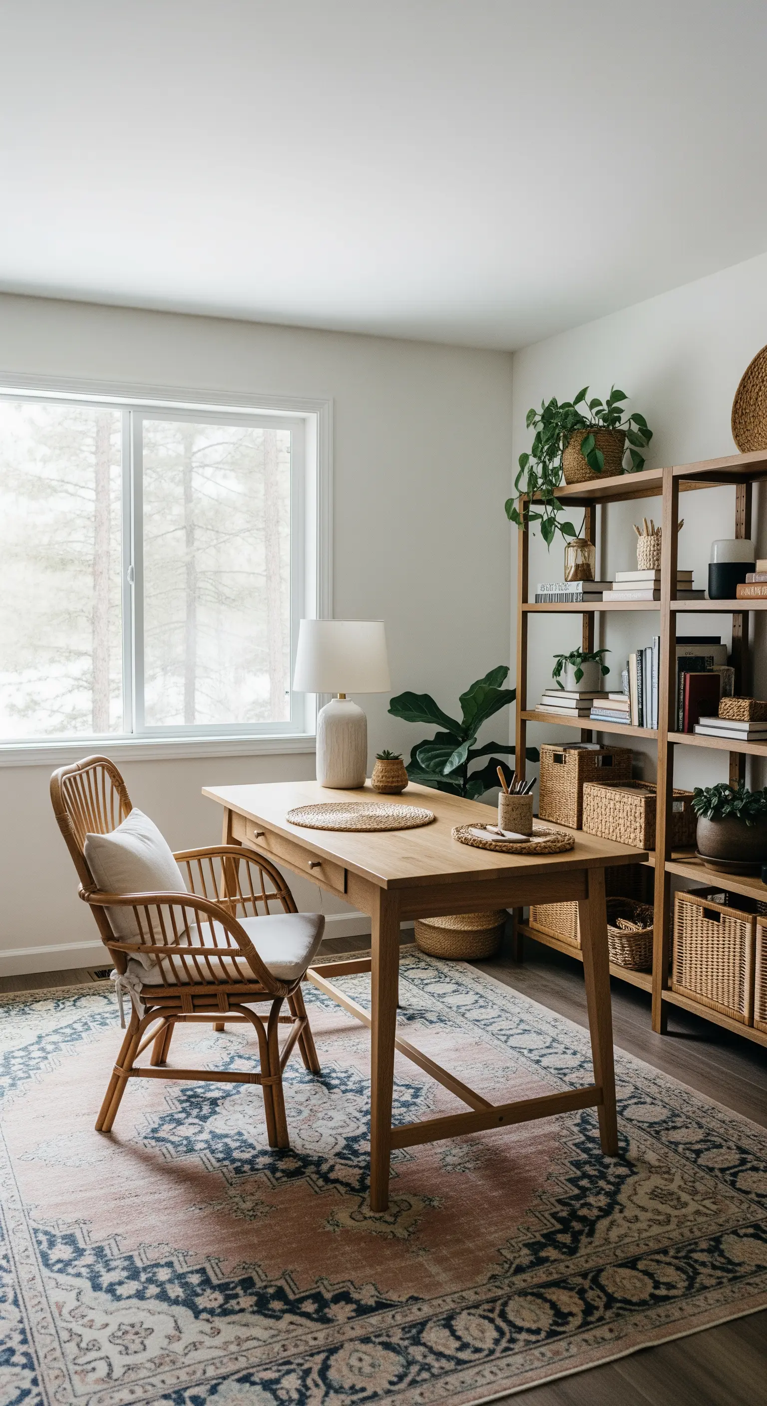 Helles Homeoffice mit Holzmöbeln, einem Rattanstuhl und einem großen Teppich