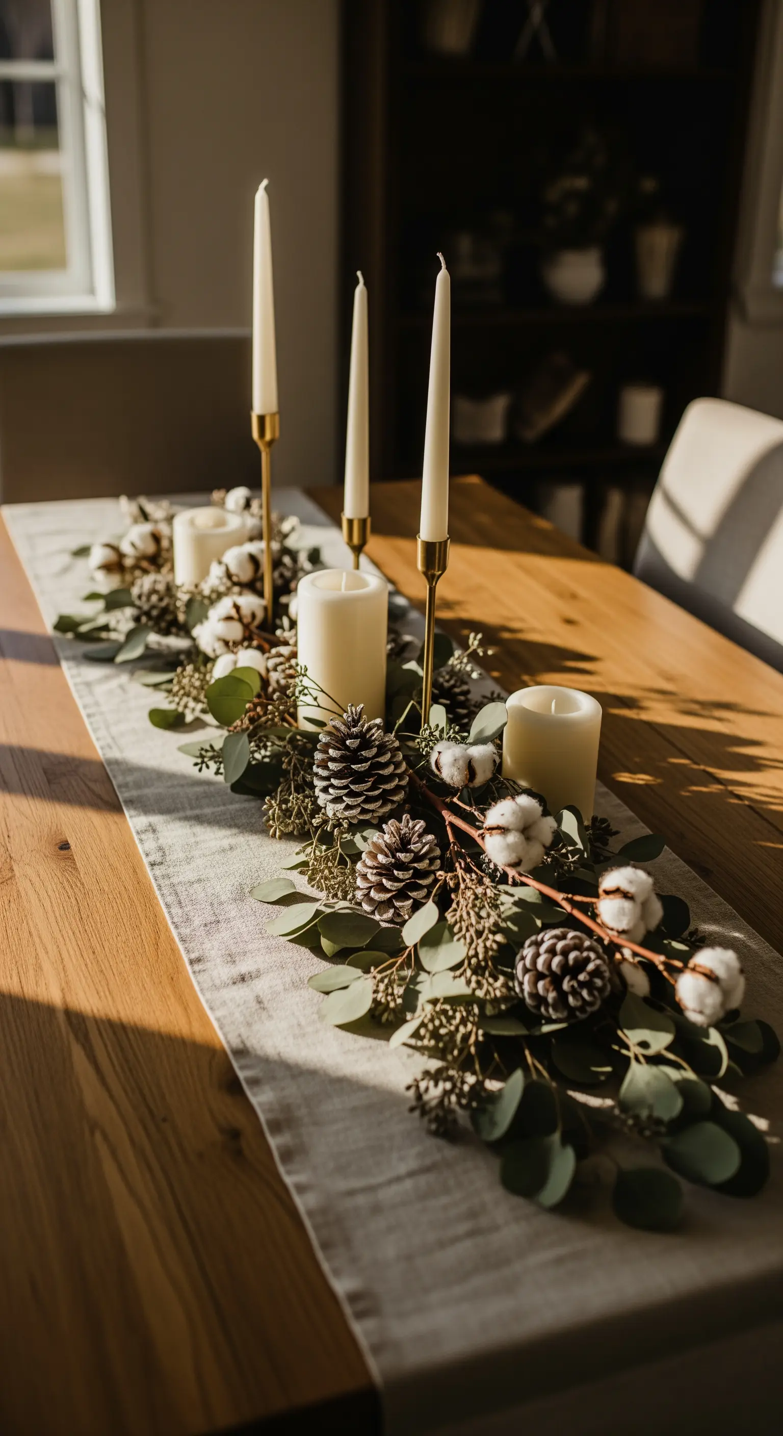 Langes Tisch-Centerpiece mit Kerzen, Kiefernzapfen und Eukalyptus auf einem Holztisch.