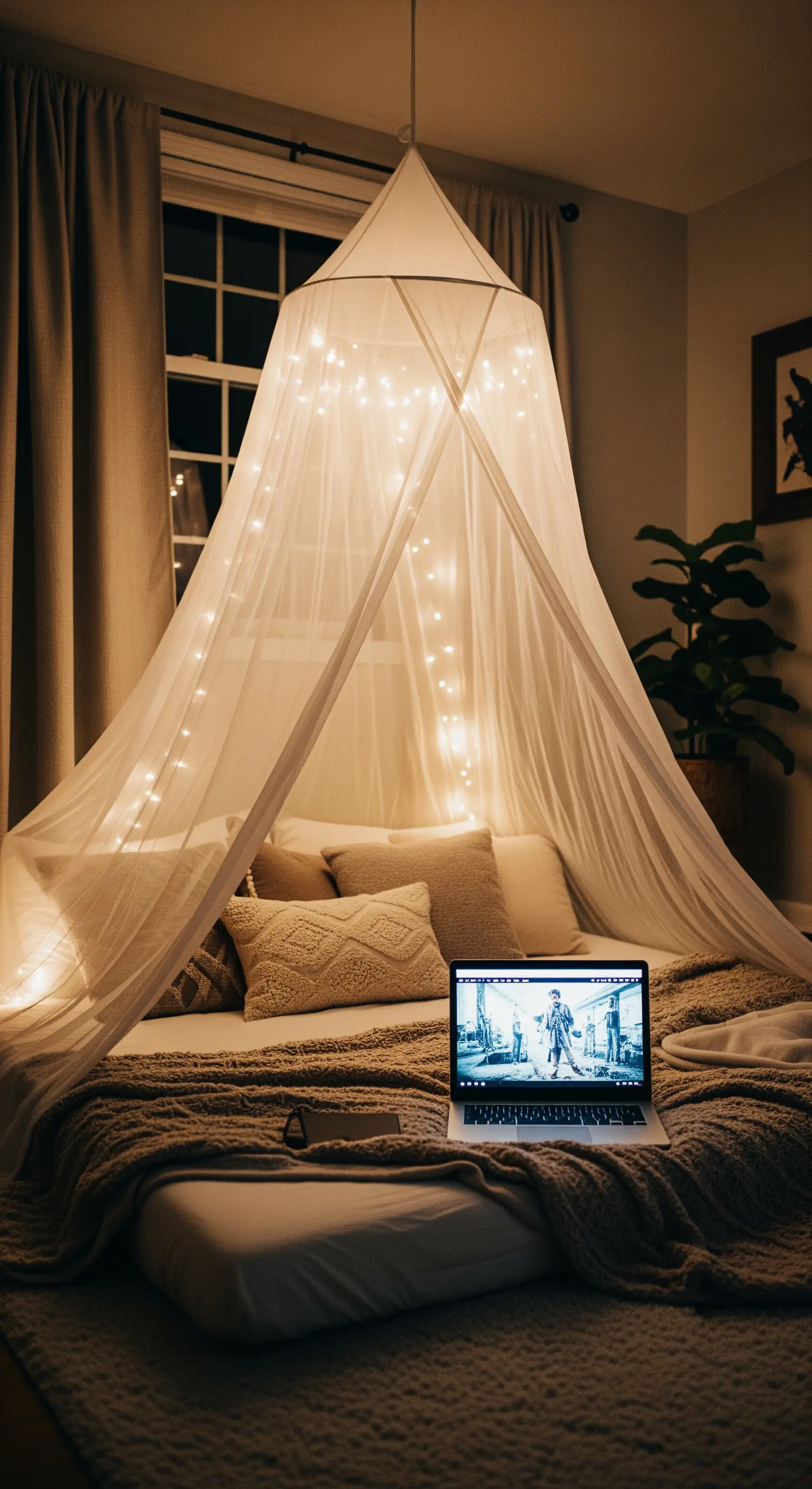 Ein Bett mit einem leuchtenden Betthimmel aus Stoff und Lichterketten, darauf ein Laptop.