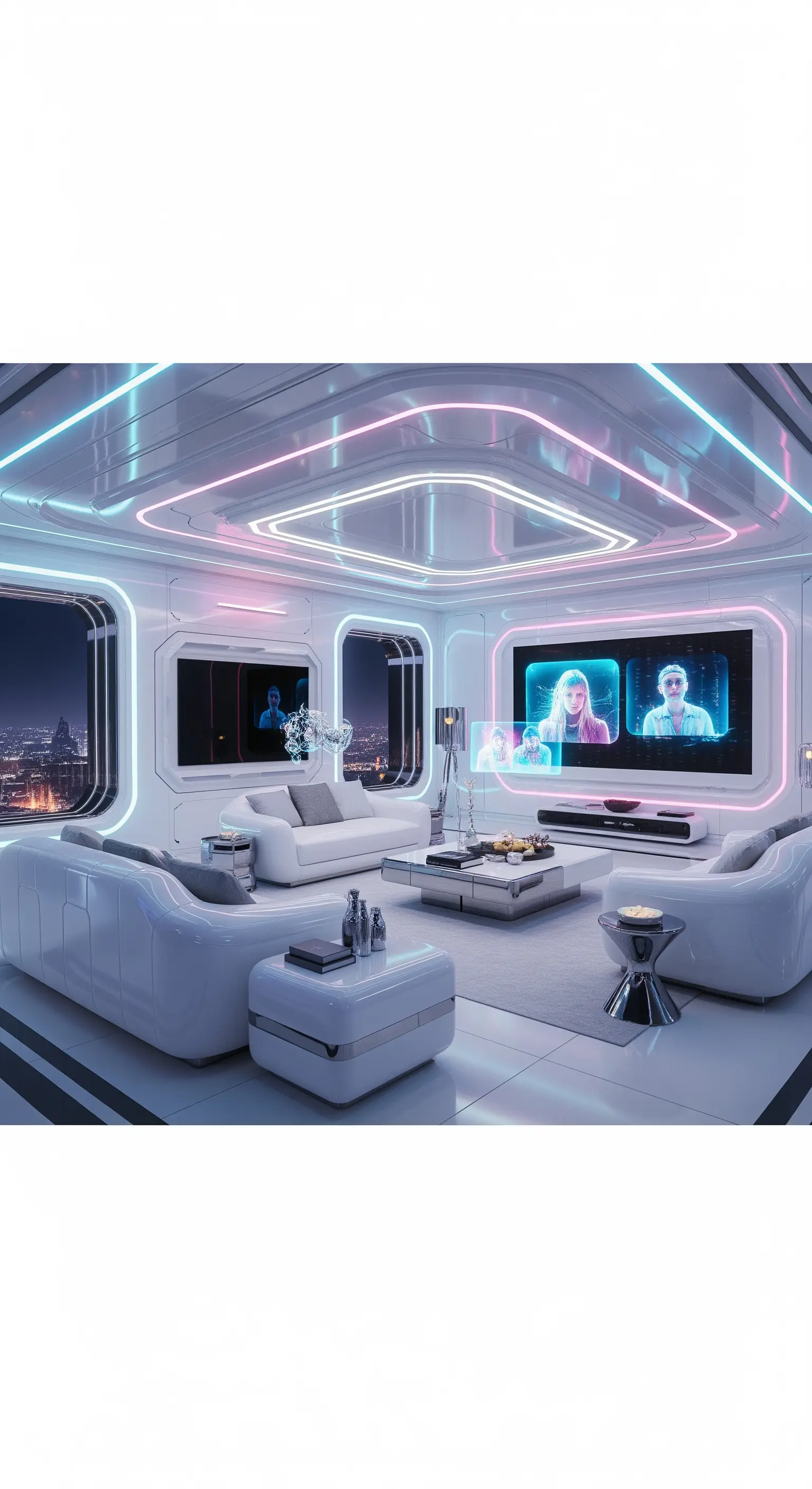 Futuristisches weißes Wohnzimmer mit integrierter Neonbeleuchtung an den Decken und Wänden.