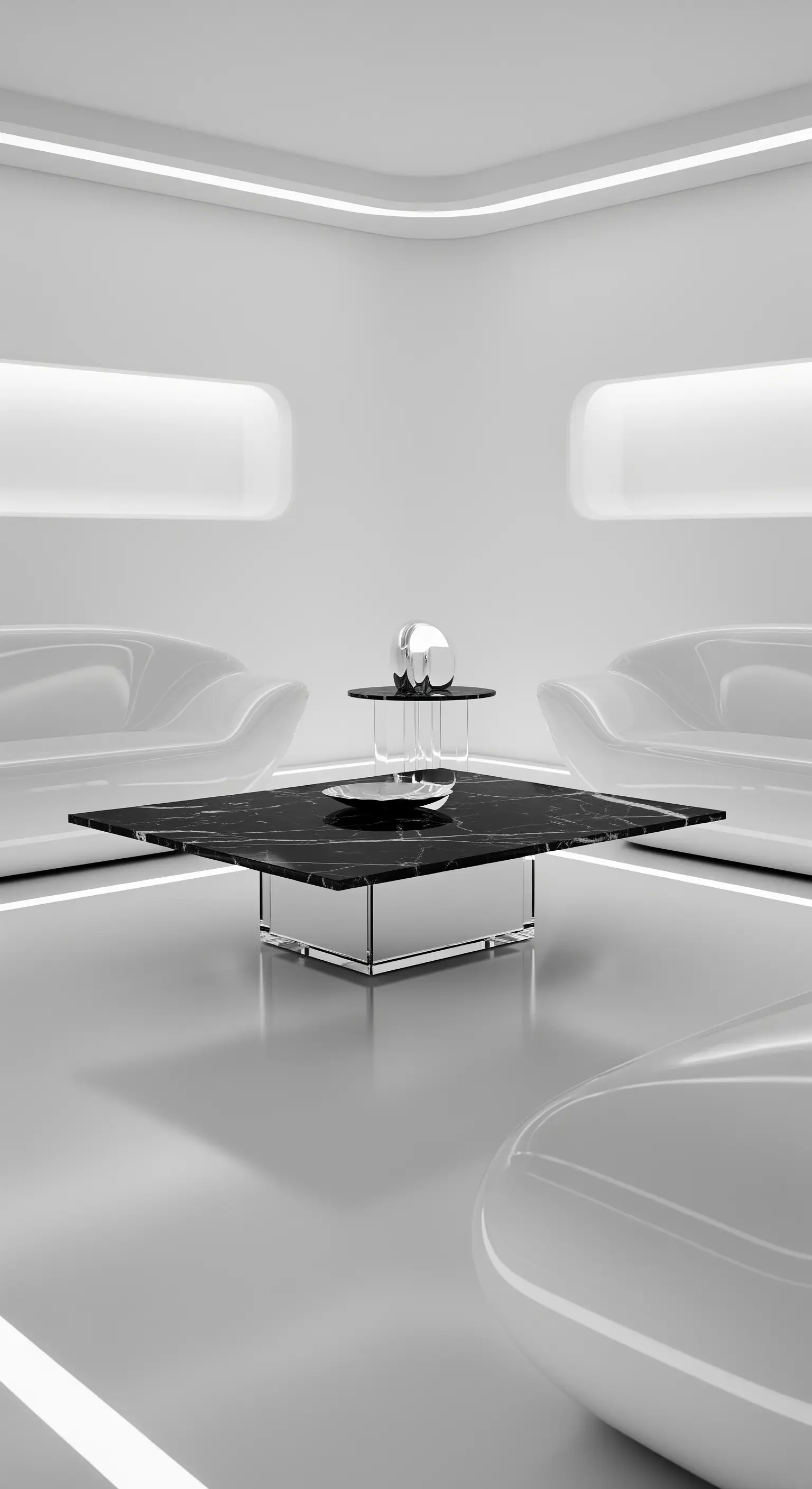 Quadratischer schwarzer Marmortisch in einem futuristischen weißen Raum mit geschwungenen Sofas.