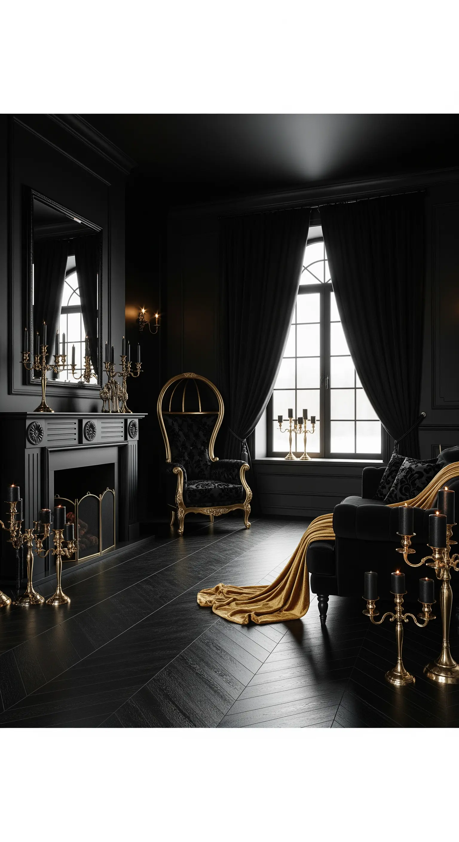 Dunkles, gotisch anmutendes Wohnzimmer, das ausschließlich von goldenen Kandelabern mit schwarzen Kerzen beleuchtet wird.