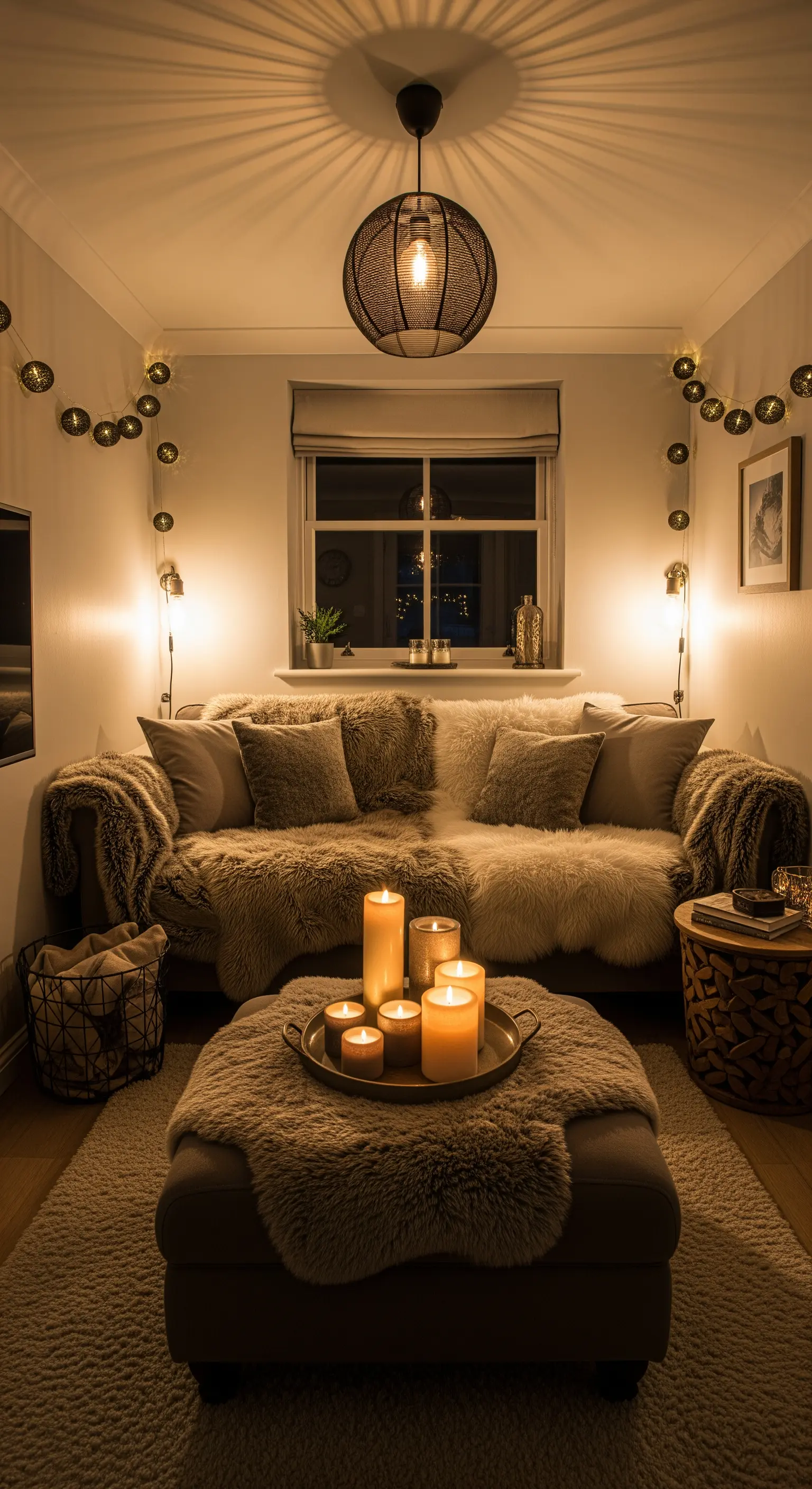 Gemütliches Sofa mit Lammfelldecken, beleuchtet von Kerzen auf einem Tablett.