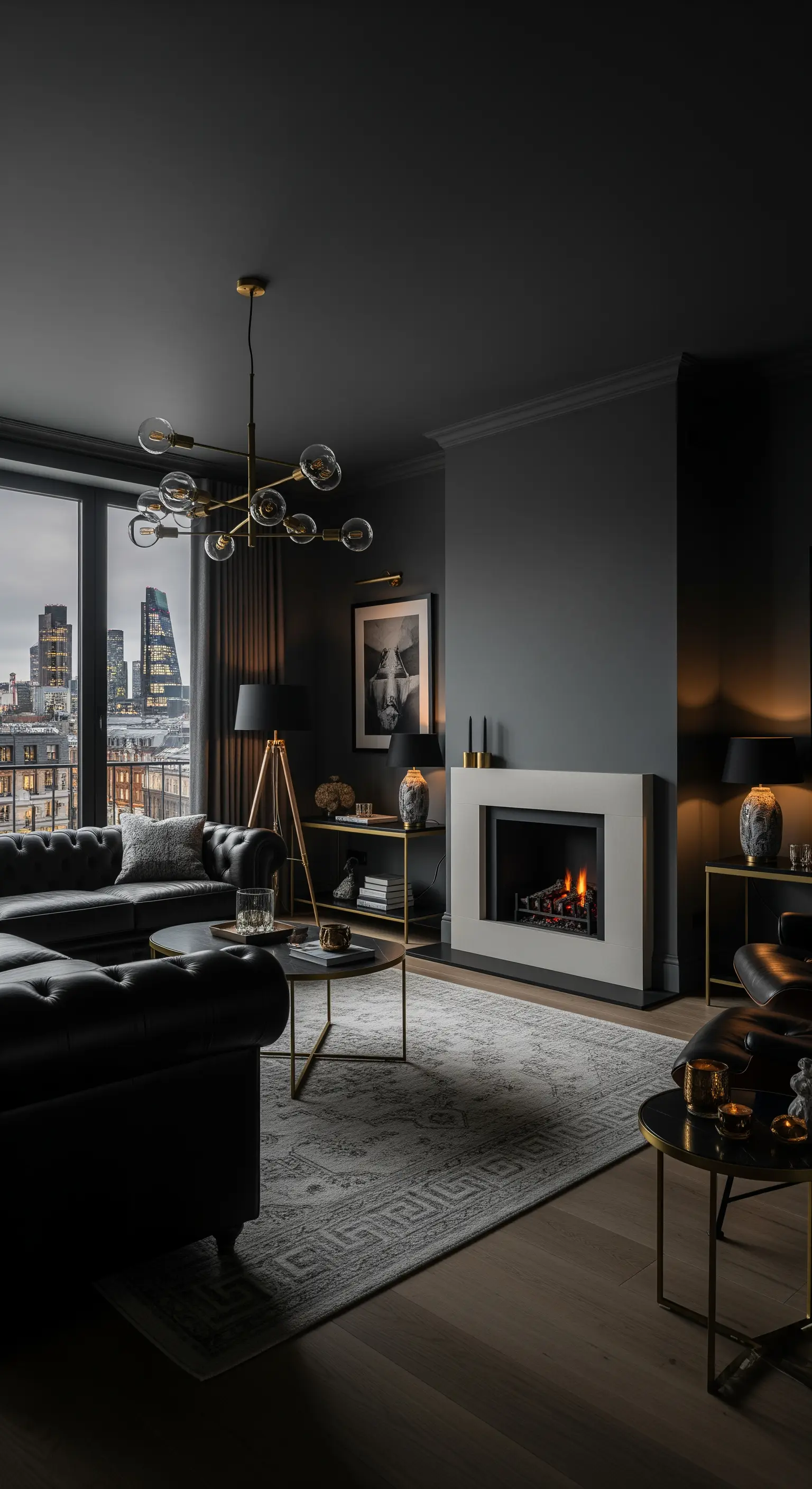 Dunkelgraues Wohnzimmer mit schwarzem Ledersofa, Kamin und goldenen Lampen.