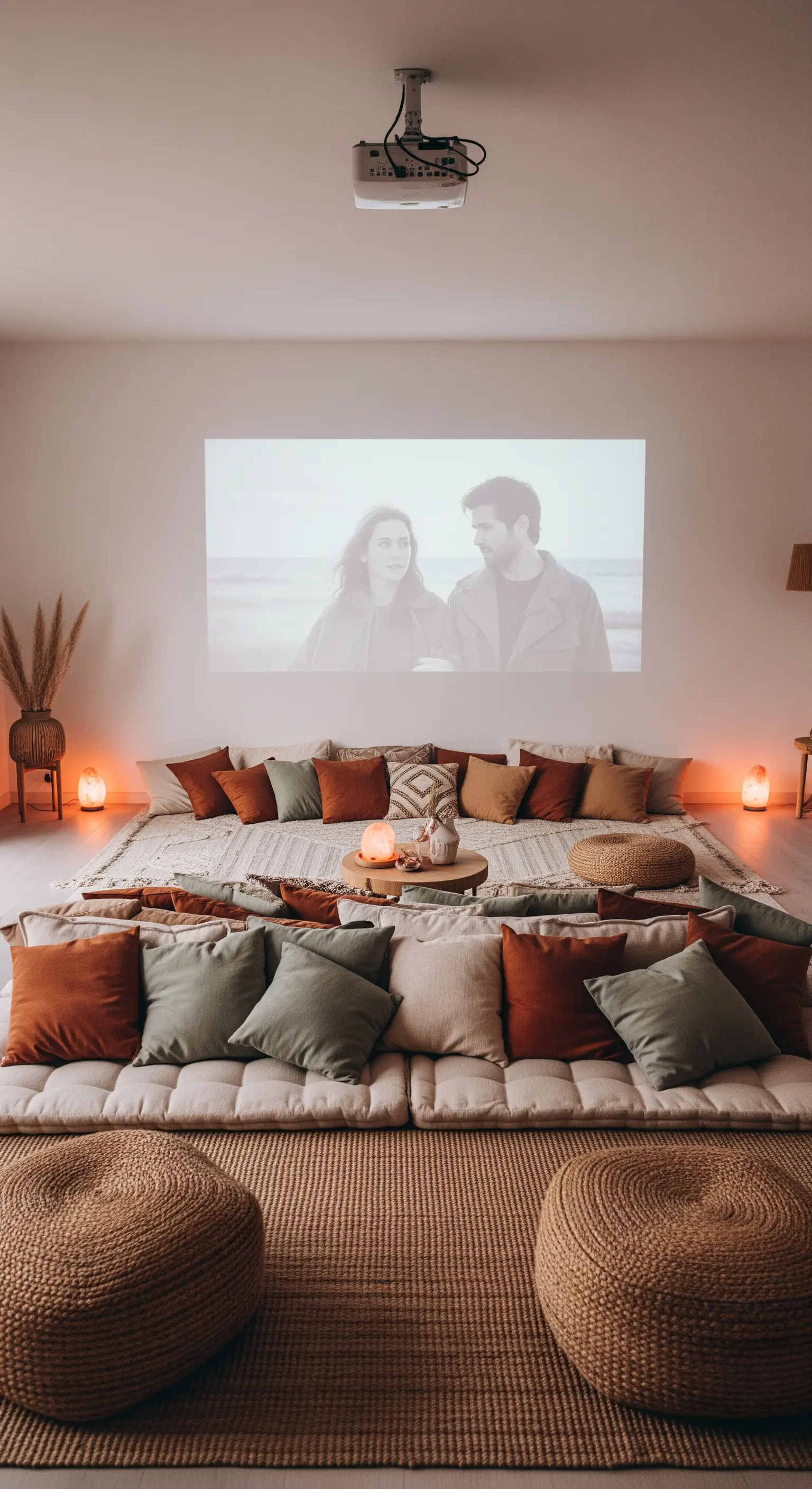 Gemütliches Heimkino-Setup auf dem Boden mit Kissen, Matratzen und einem Beamer.