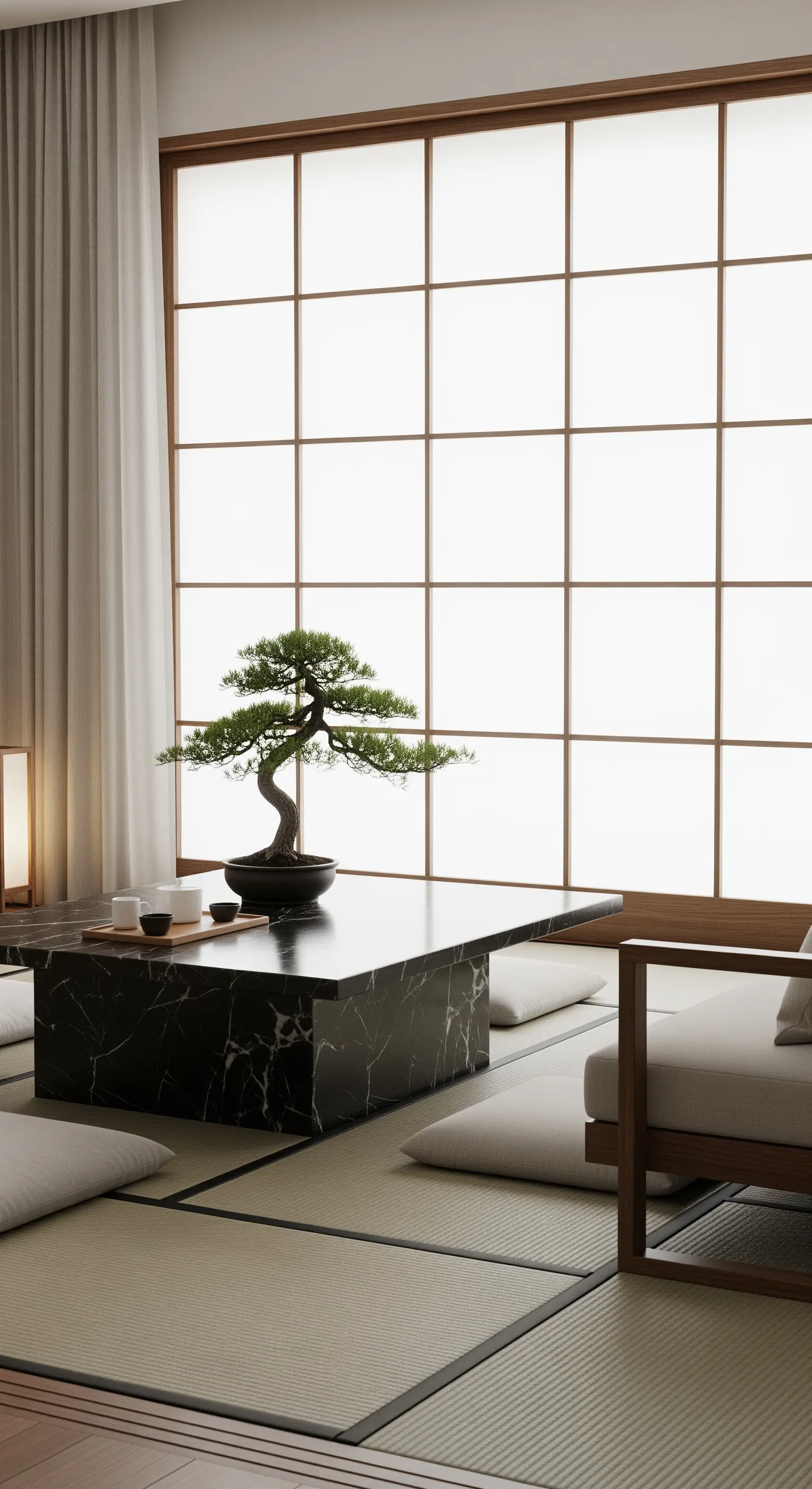 Niedriger schwarzer Marmortisch in einem Raum im japanischen Stil mit Tatami-Matten.