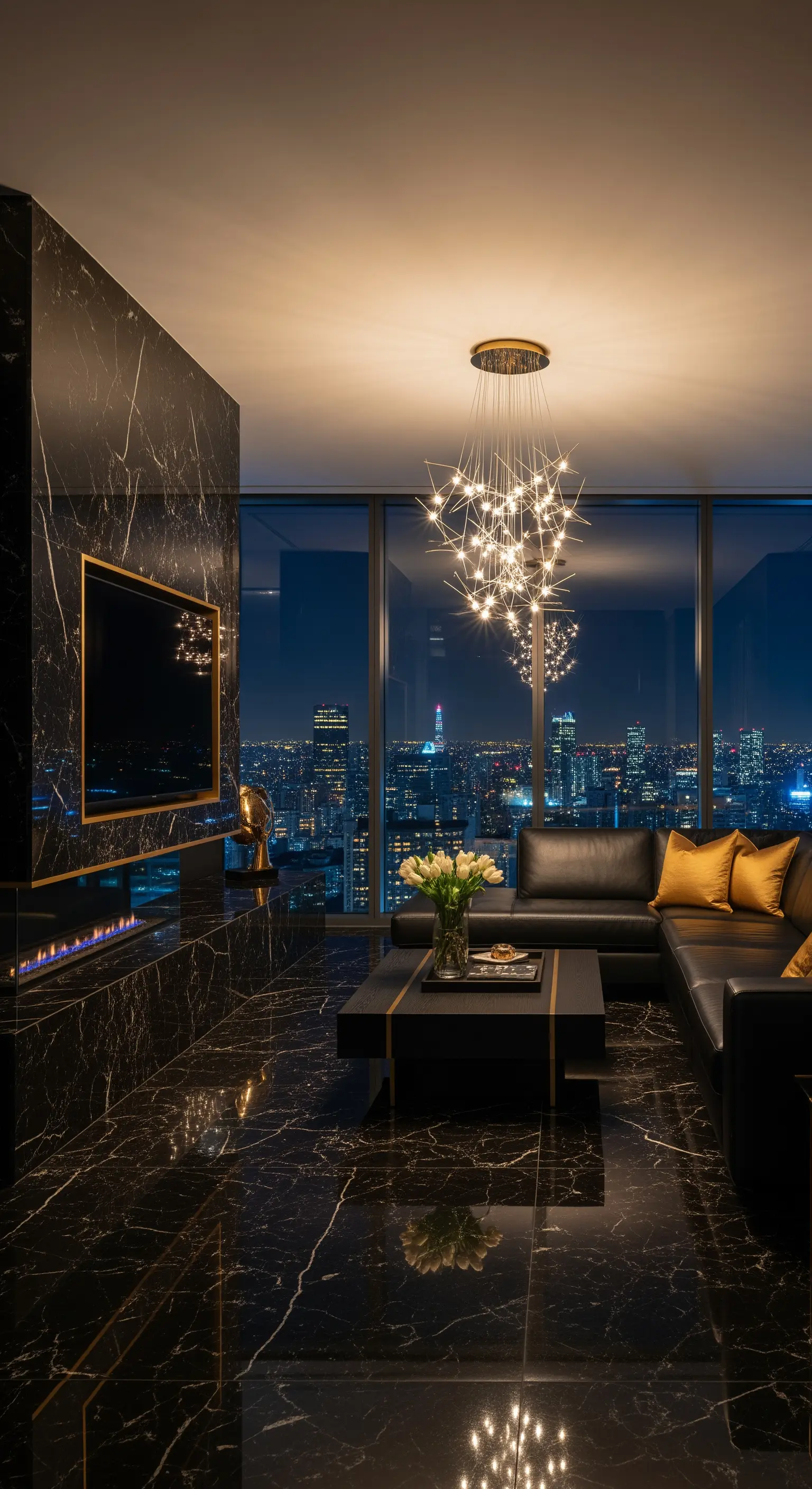 Luxuriöses Wohnzimmer mit schwarzem Marmorboden und -wand, mit Blick auf eine nächtliche Skyline.