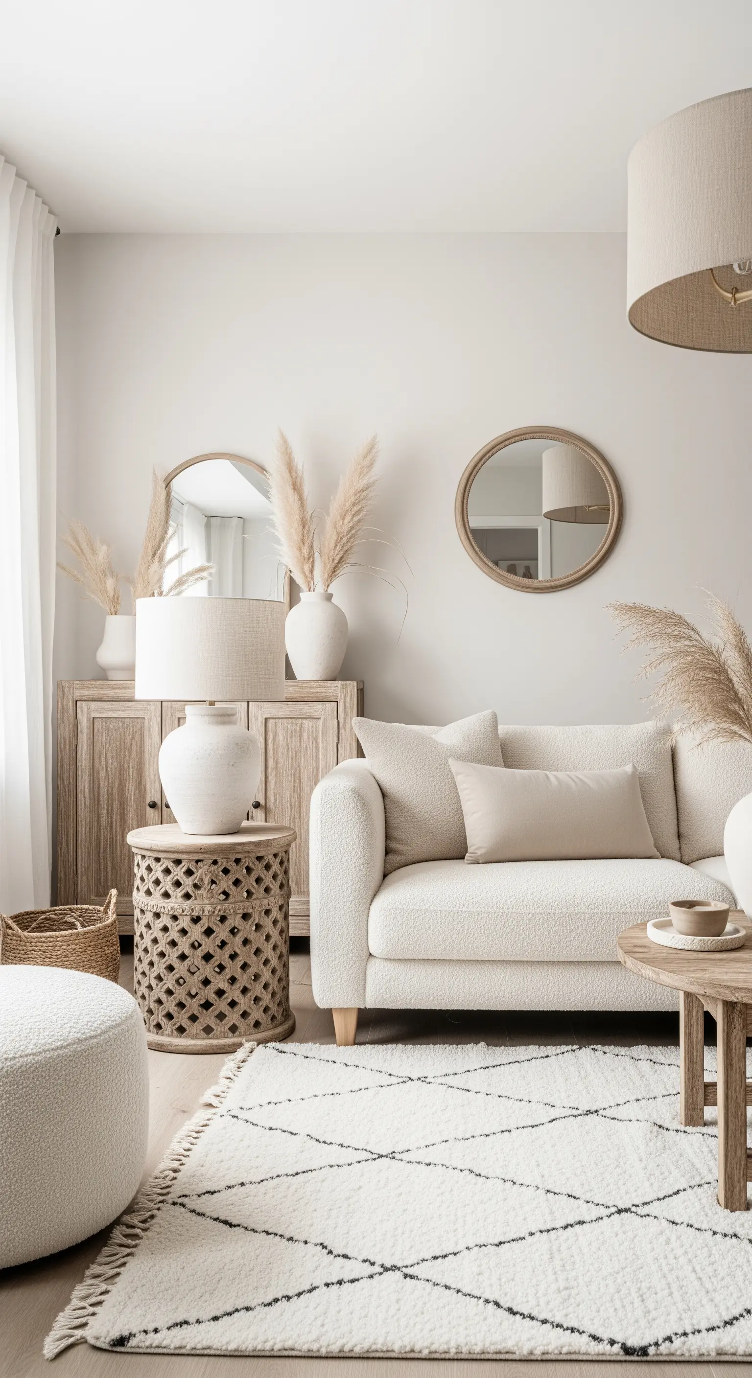 Elegantes, cremefarbenes Wohnzimmer mit Bouclé-Sofa, Pampasgras und natürlichen Materialien.