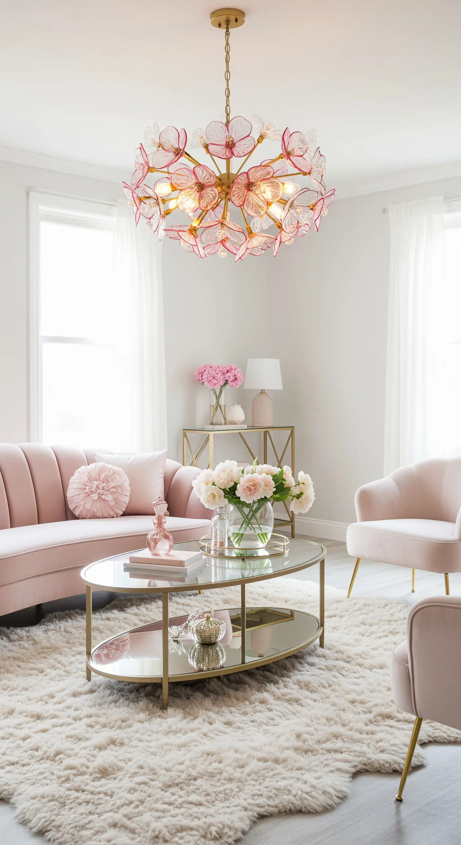 Rosa Blüten-Kronleuchter in einem femininen Wohnzimmer mit rosa Sofa und goldenen Akzenten.