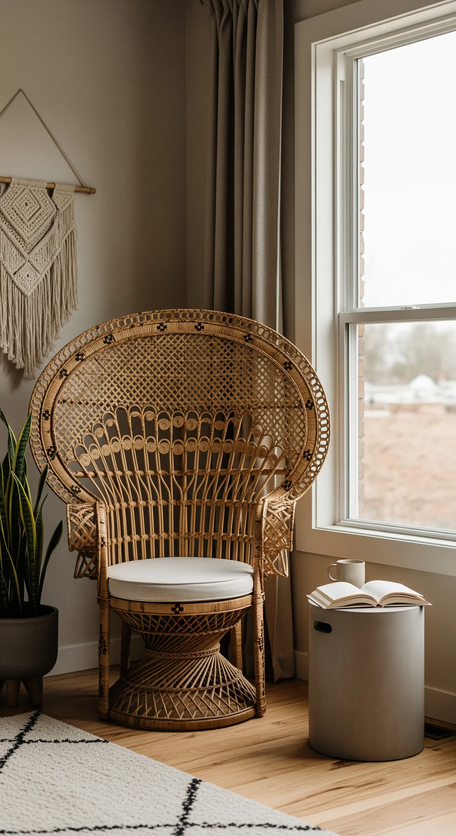 Ein Peacock Chair aus Rattan in einer Leseecke mit einem kleinen Betontisch