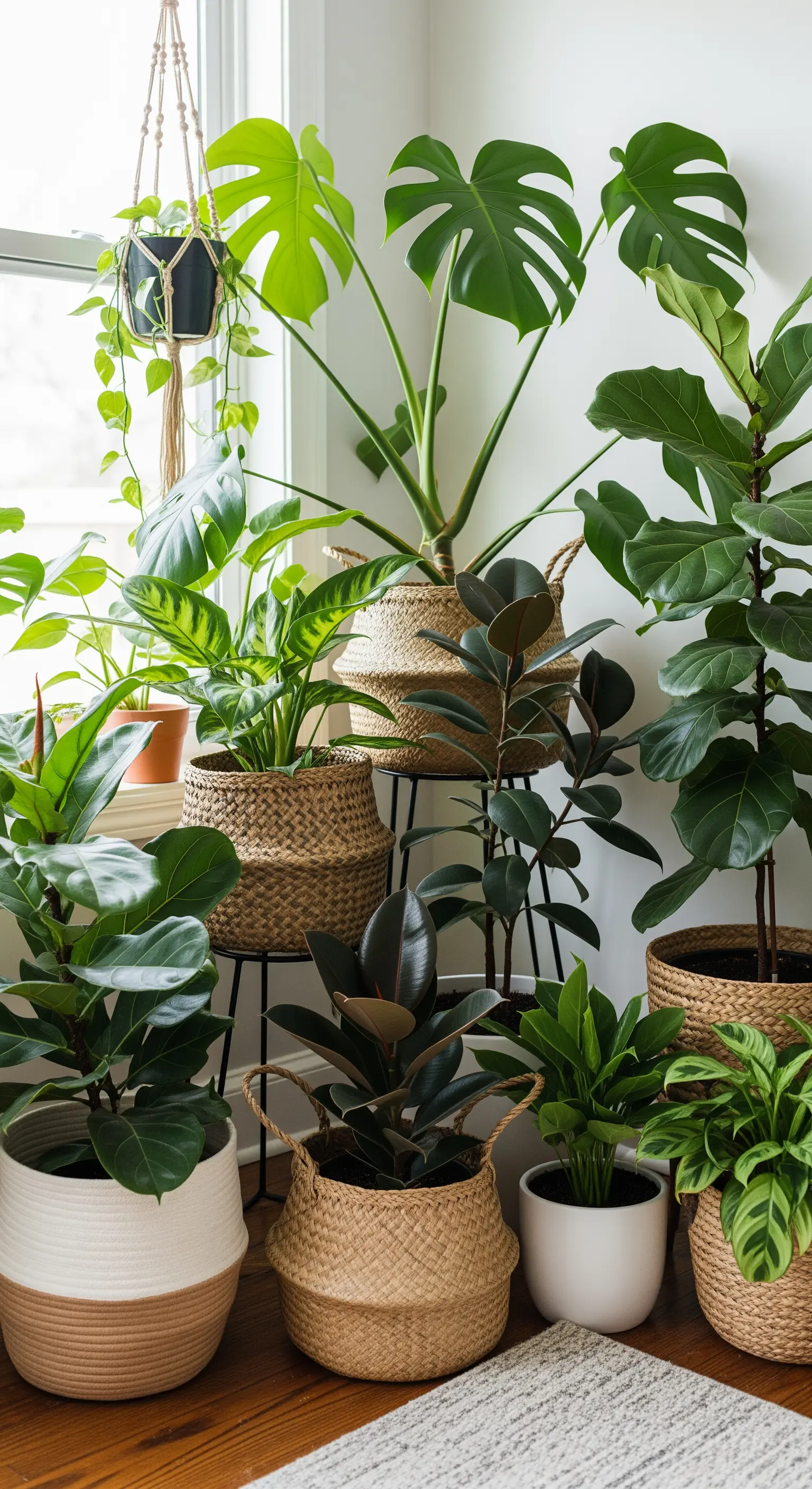 Eine Ecke voller verschiedener Zimmerpflanzen in geflochtenen Körben und auf Pflanzenständern