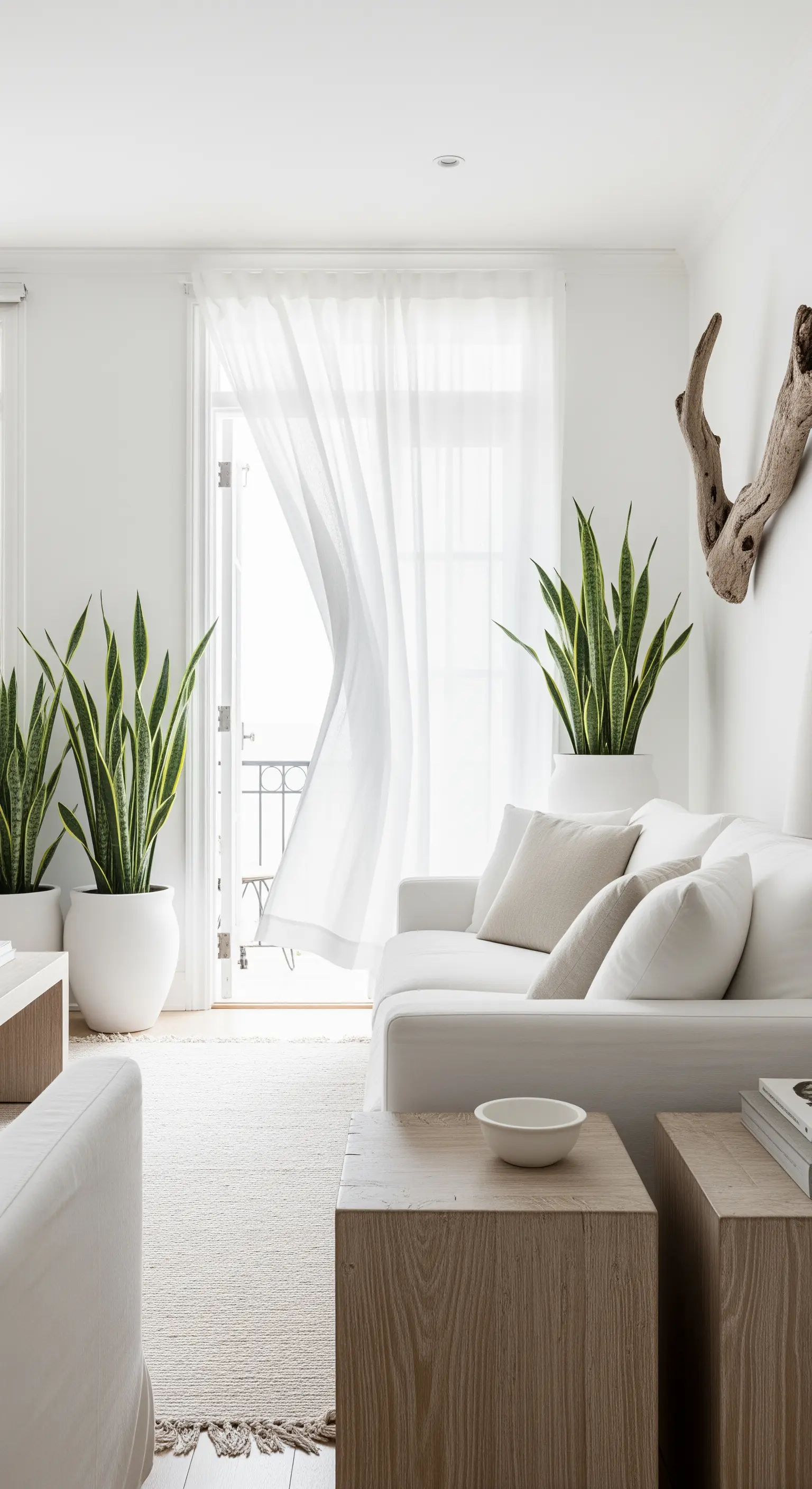 Helles, weißes Wohnzimmer mit großen Bogenhanf-Pflanzen, Treibholz-Deko und wehenden Vorhängen.