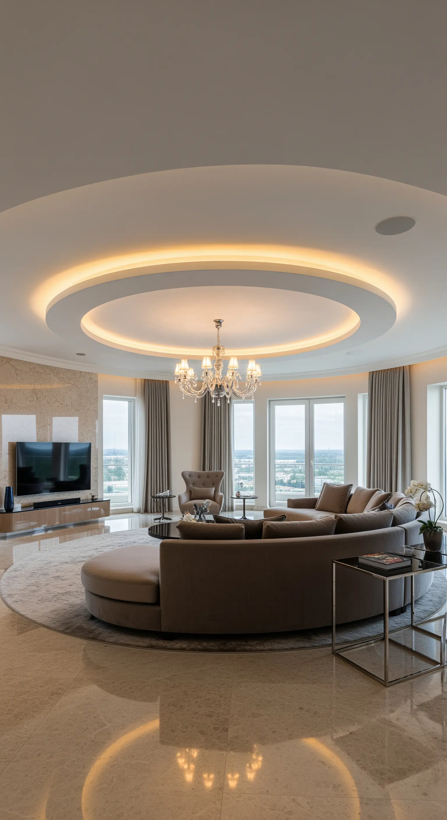 Rundes Wohnzimmer mit kreisförmiger Voutenbeleuchtung an der Decke und einem Kronleuchter