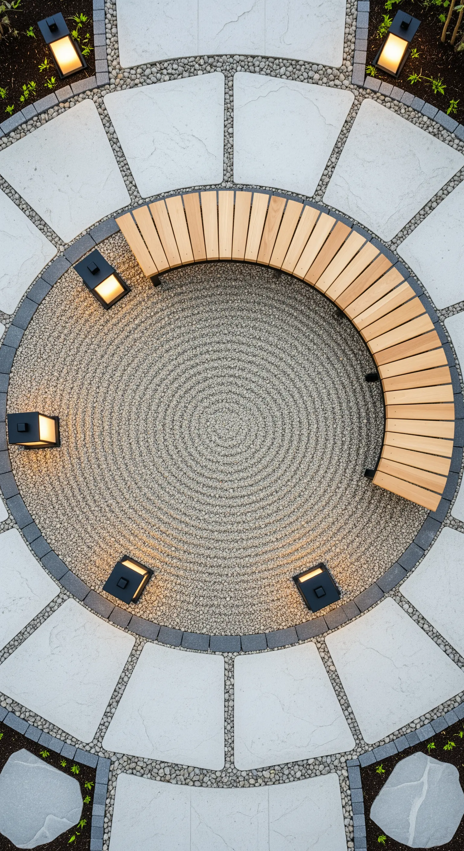 Runde Holzbank, Bodenleuchten, Kies und Pflastersteine