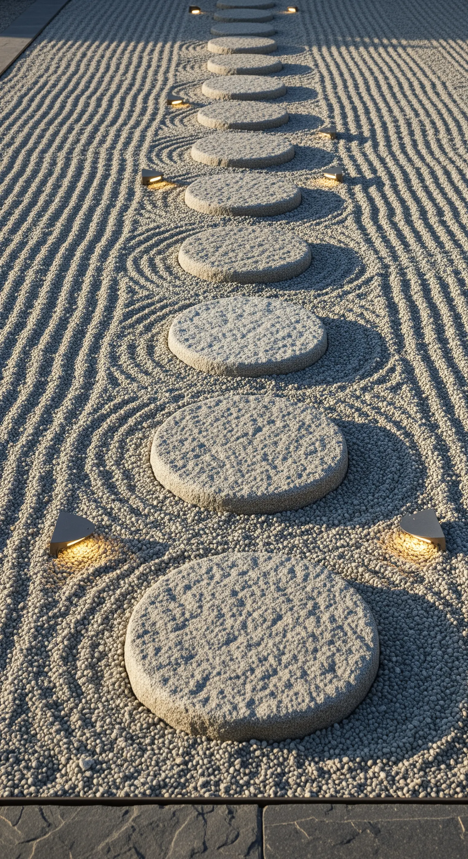 Japandi Weg mit runden Trittsteinen, Kies und Bodenlichtern