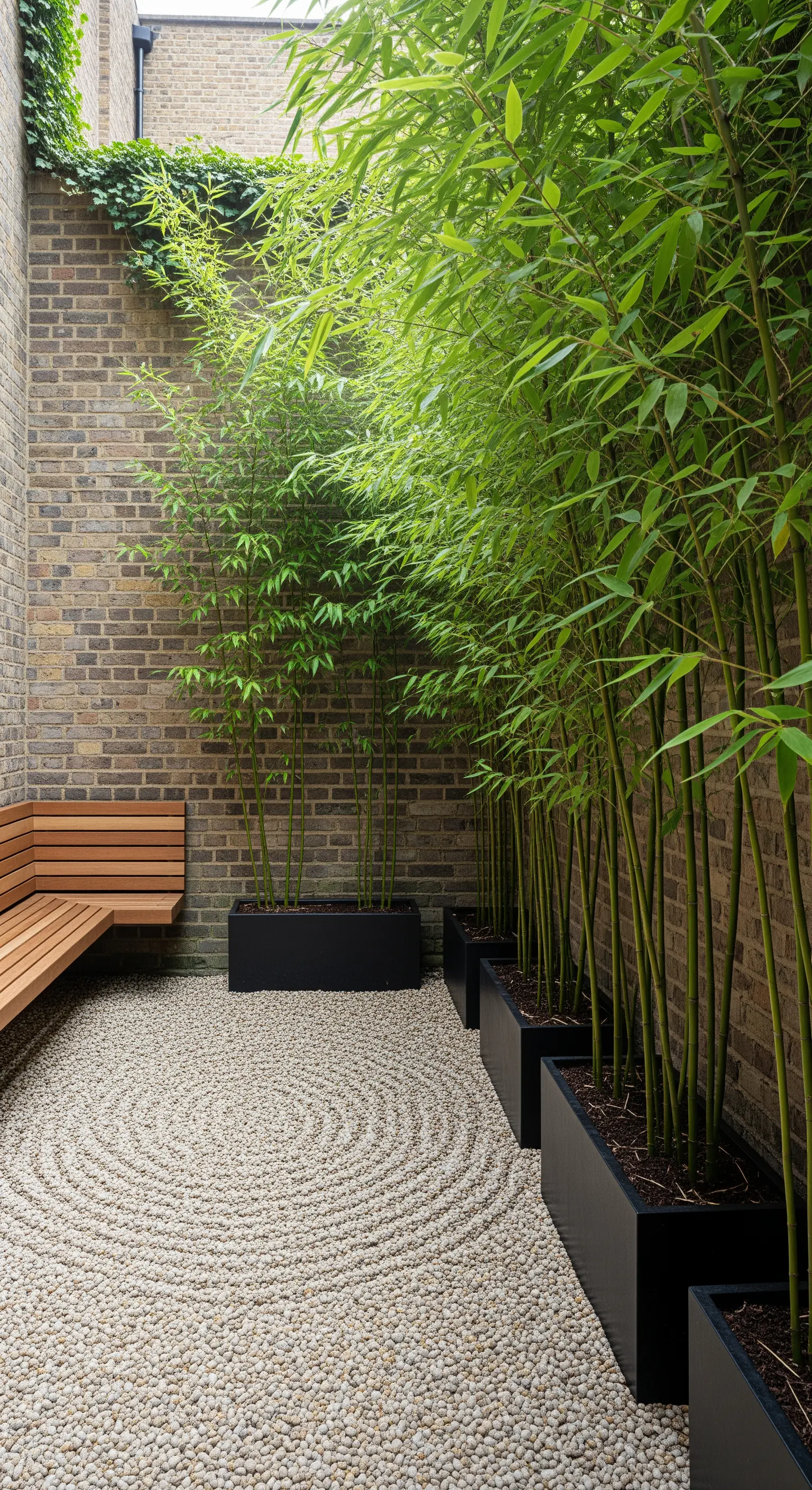 Runder Kiesgarten mit Spiralkreisen, Holzbank und Bambus-Akzenten