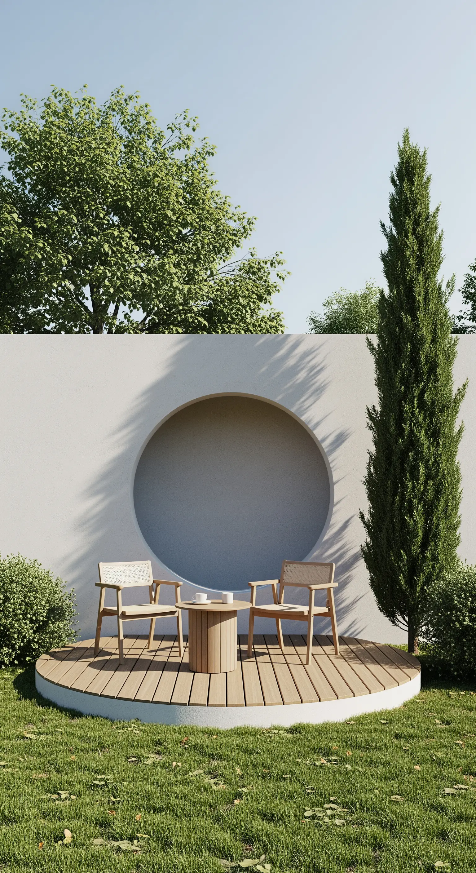 Japandi Rundterrasse mit Kreisfenster und Holzstühlen