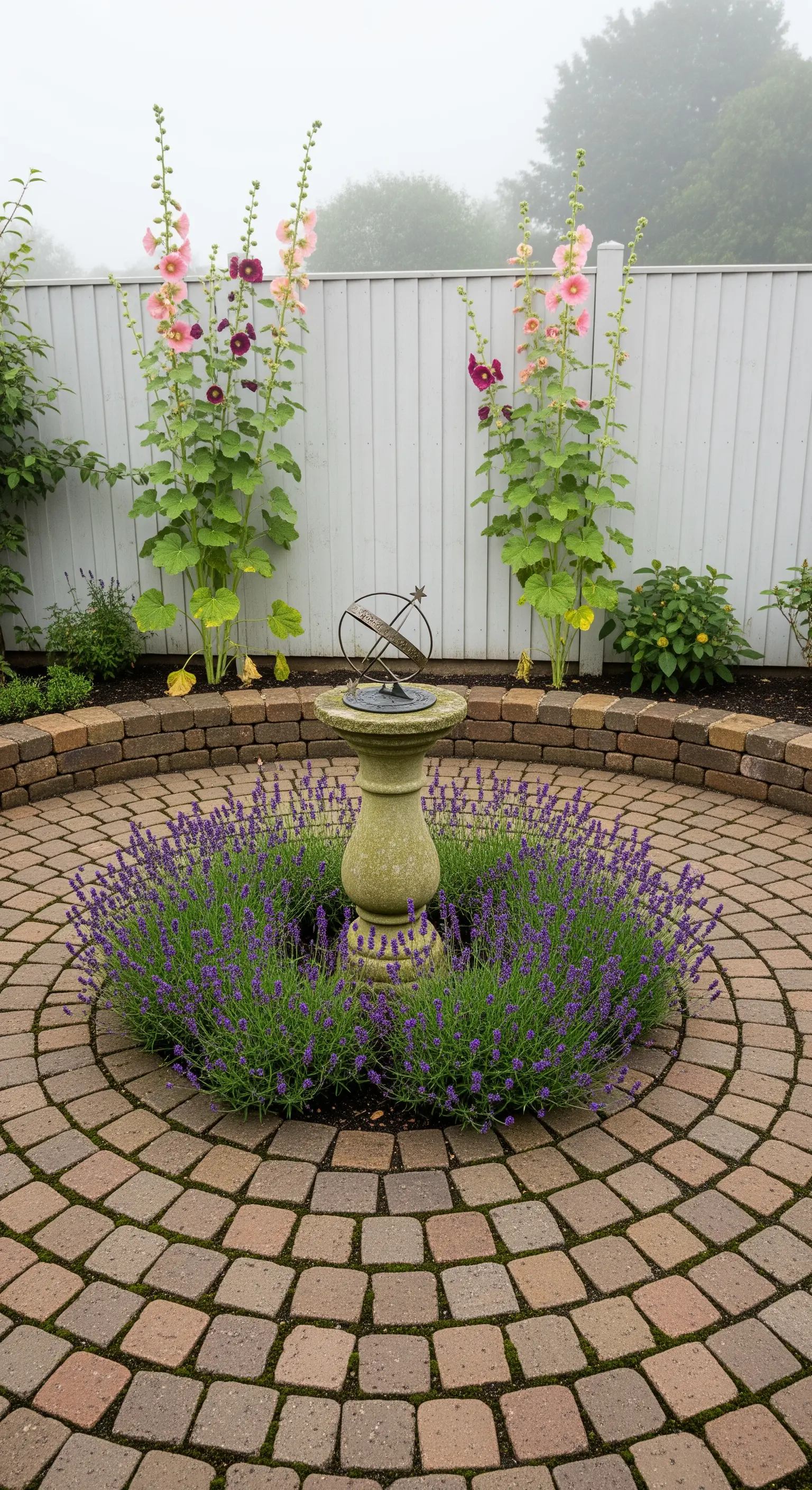 Kreisrunder Pflastersteinbereich mit Sonnenuhr und Lavendel, Stockrosen im Hintergrund