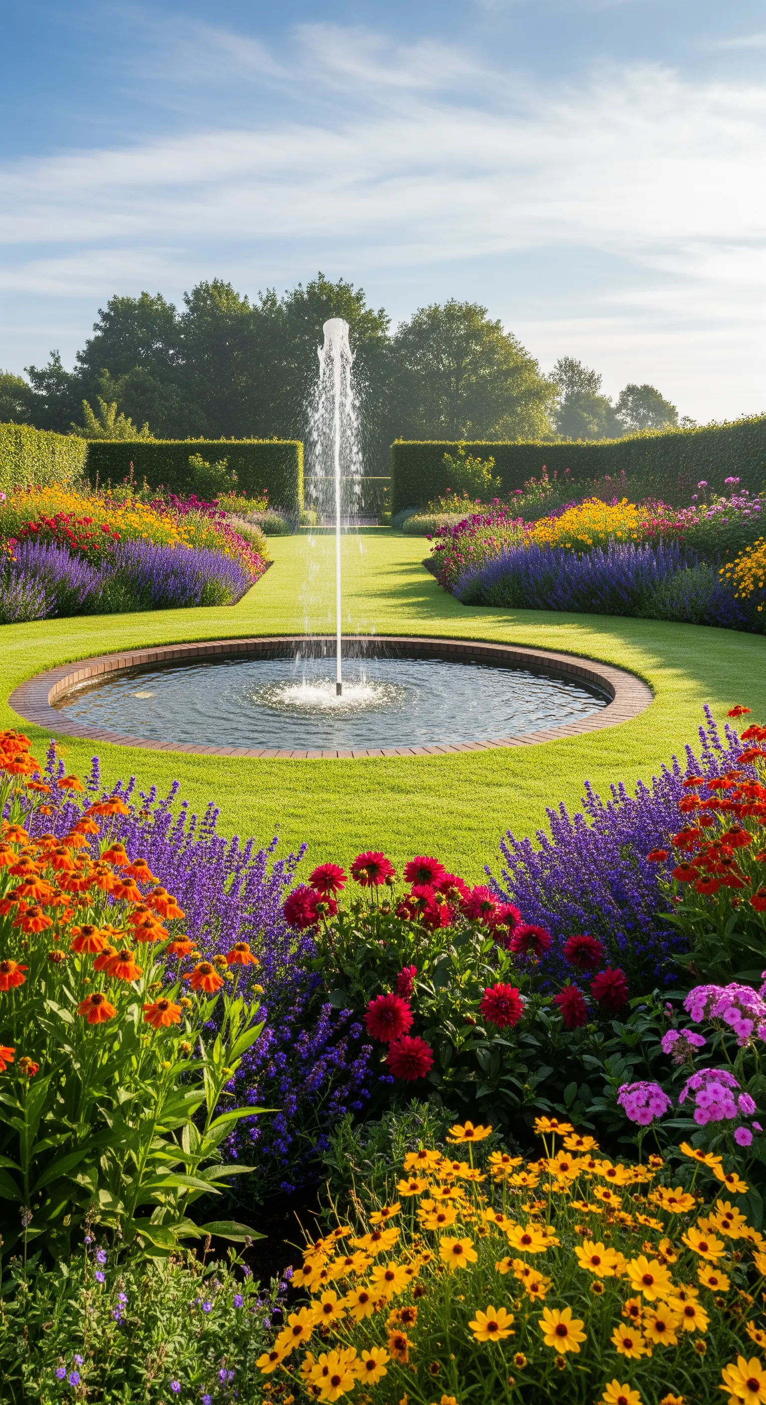 Runder Springbrunnen mit Fontäne, umgeben von bunten Blumenbeeten und Lavendel