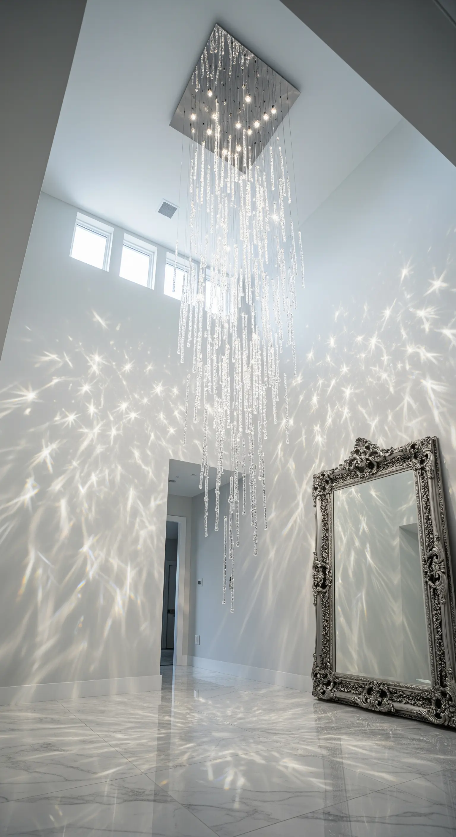 Eingangsbereich mit großem Kristall-Kronleuchter, der Schneeflockenmuster an die Wand projiziert, und einem opulenten Spiegel