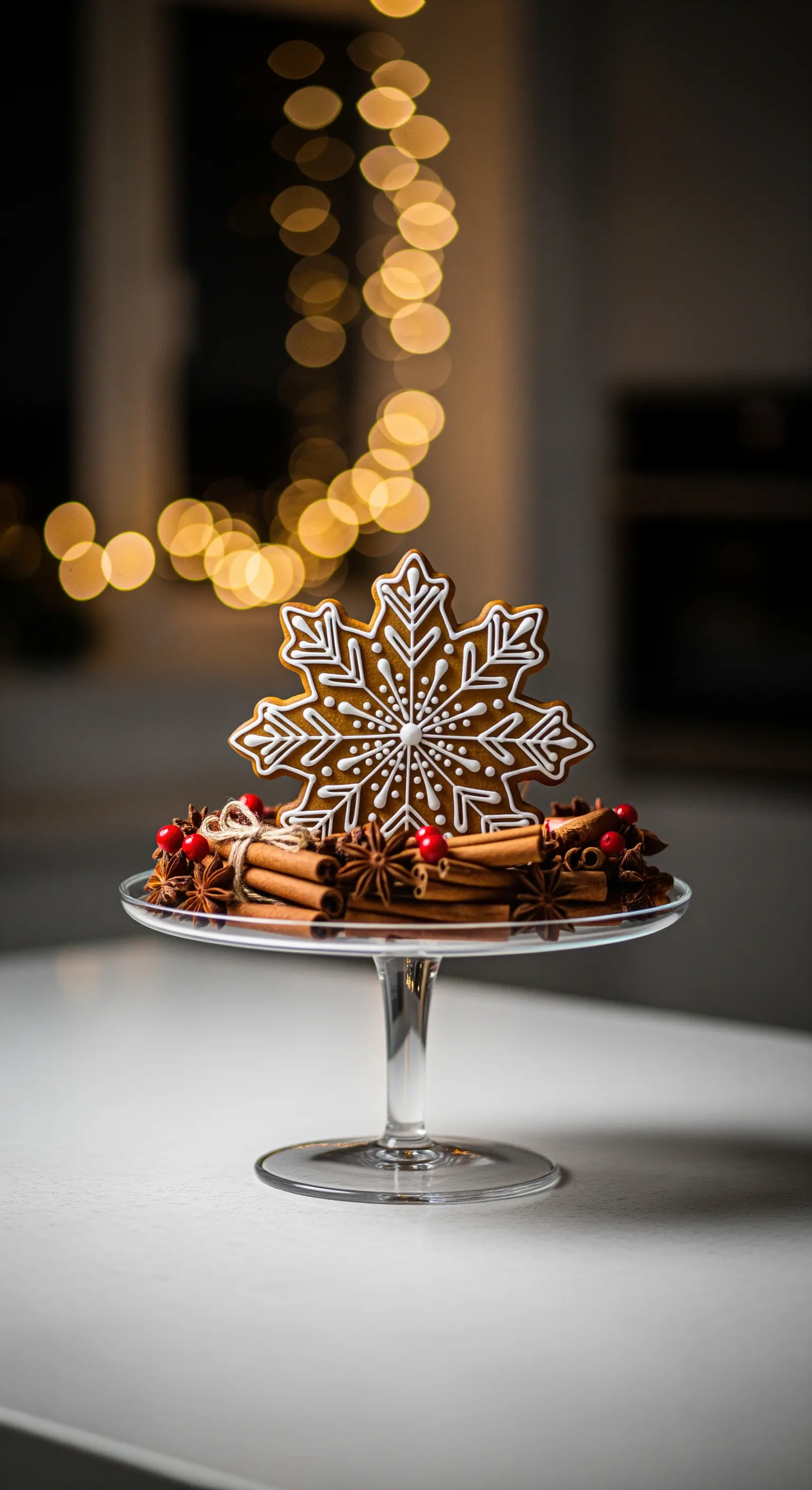 Glastortenständer mit großem Lebkuchen-Schneeflocken-Keks.