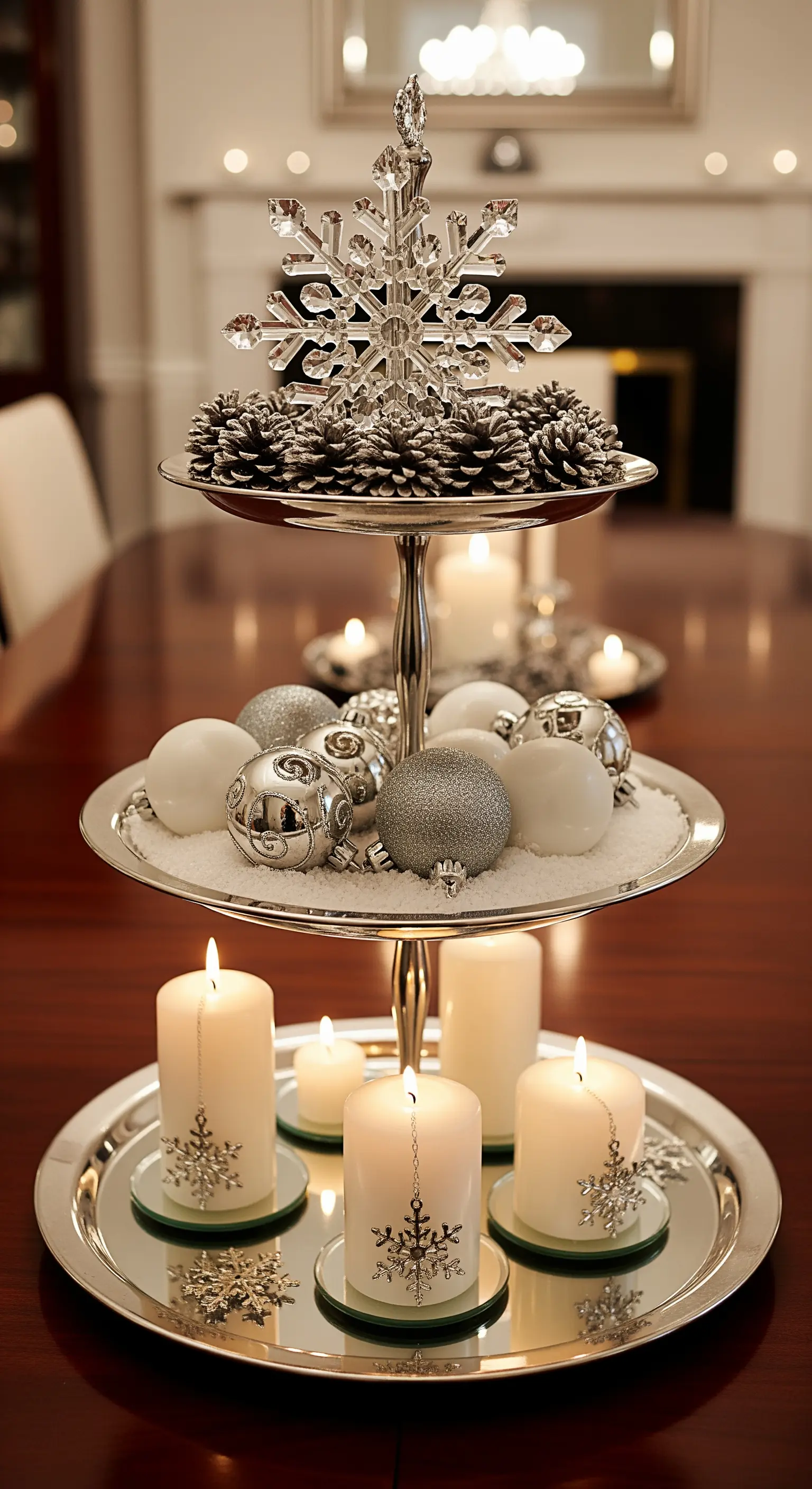 Elegante Etagere-Deko in Silber mit Schneeflocken, Kugeln und Kerzen.