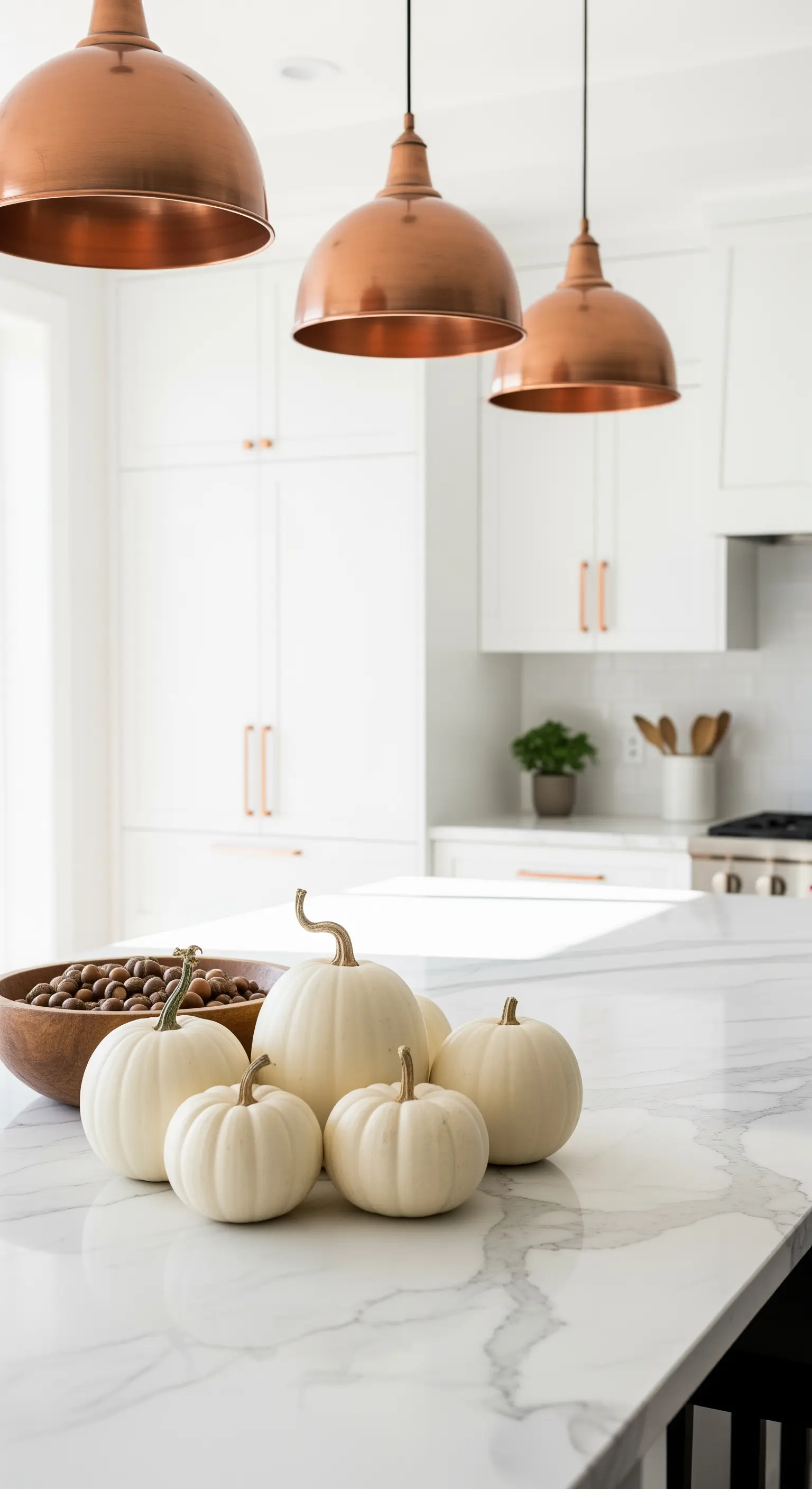 Weiße Küche mit Marmorinsel, Kupferlampen und weißen Kürbis-Deko
