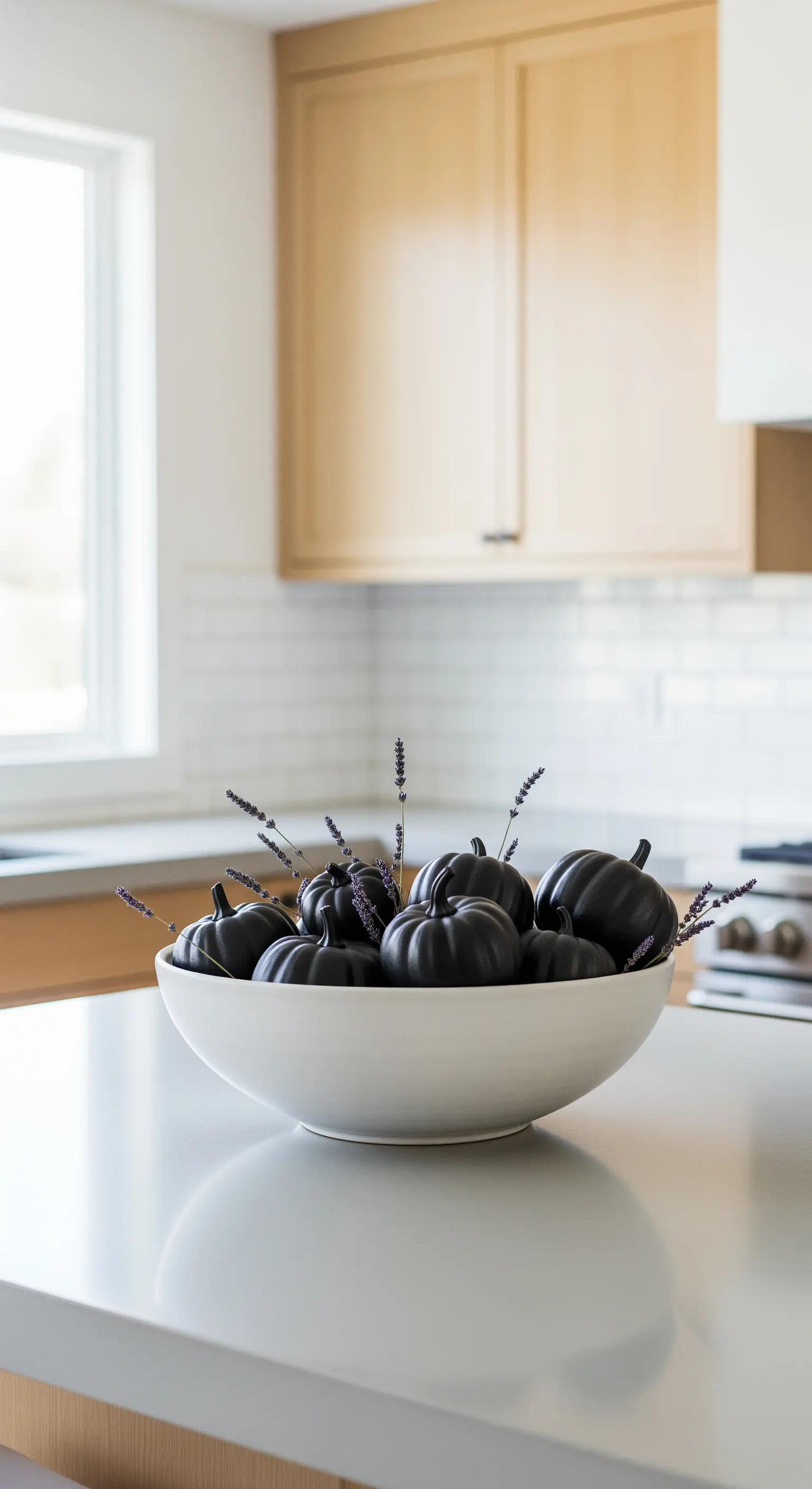 Kücheninsel mit weißer Schale gefüllt mit schwarzen Kürbissen und Lavendel.