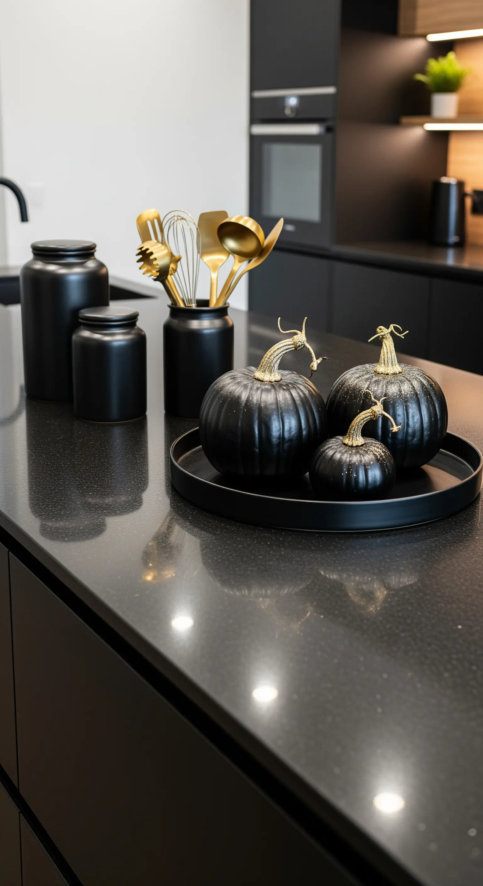 Kücheninsel mit schwarzen Kürbissen und goldenen Utensilien