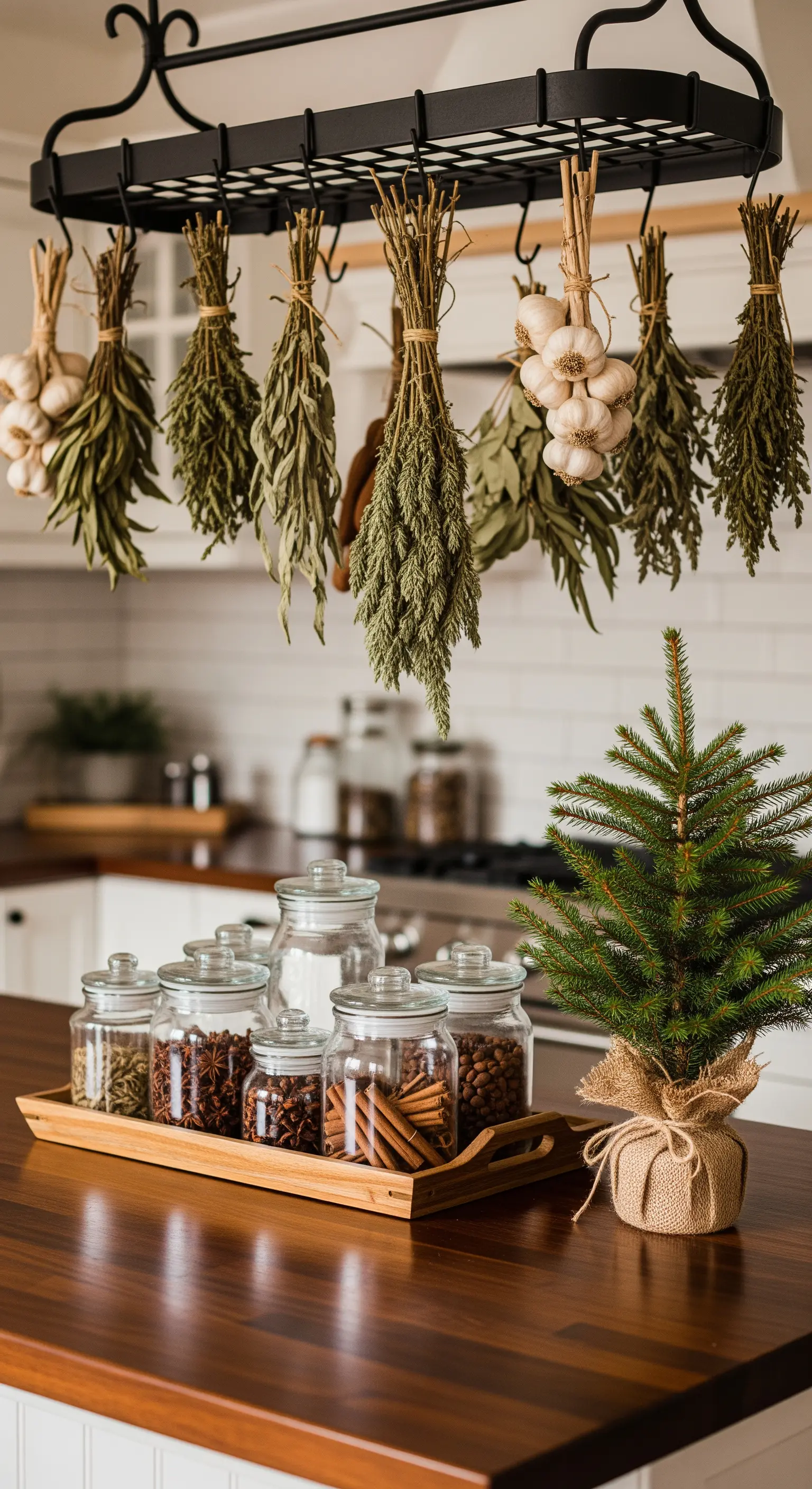 Hängende Kräuter und Knoblauch, Gewürzgläser auf Holztablett, Mini-Tannenbaum
