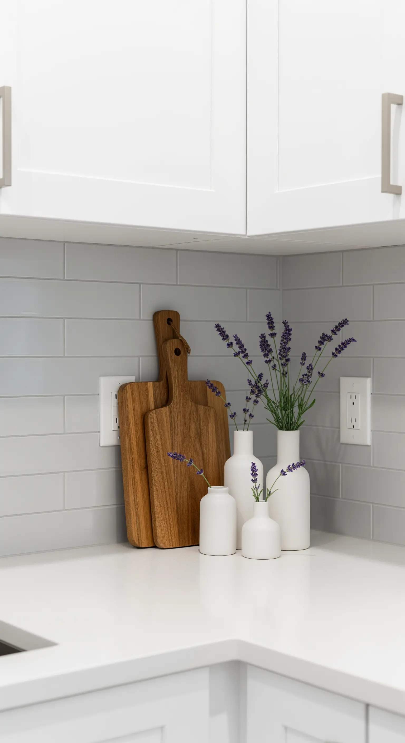 Küchenecke mit Holzschneidebrettern und weißen Vasen mit Lavendel.