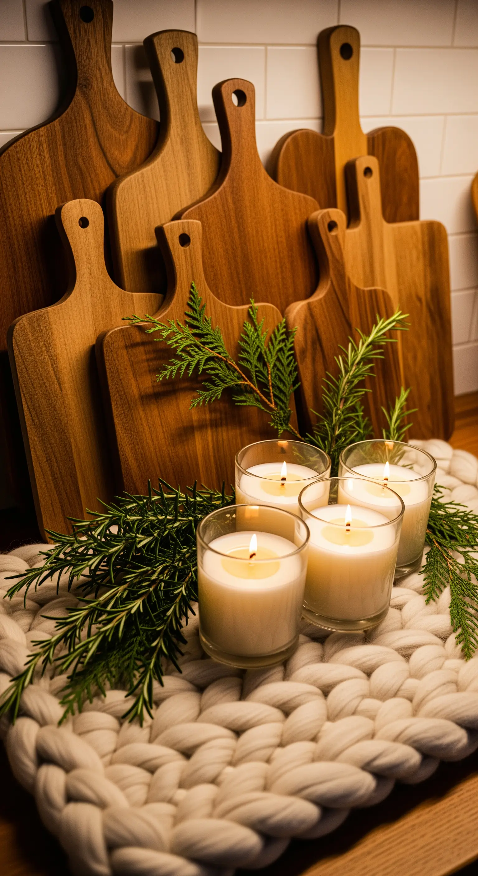 Küchenbrett-Sammlung, Tannenzweige, Kerzen im Glas