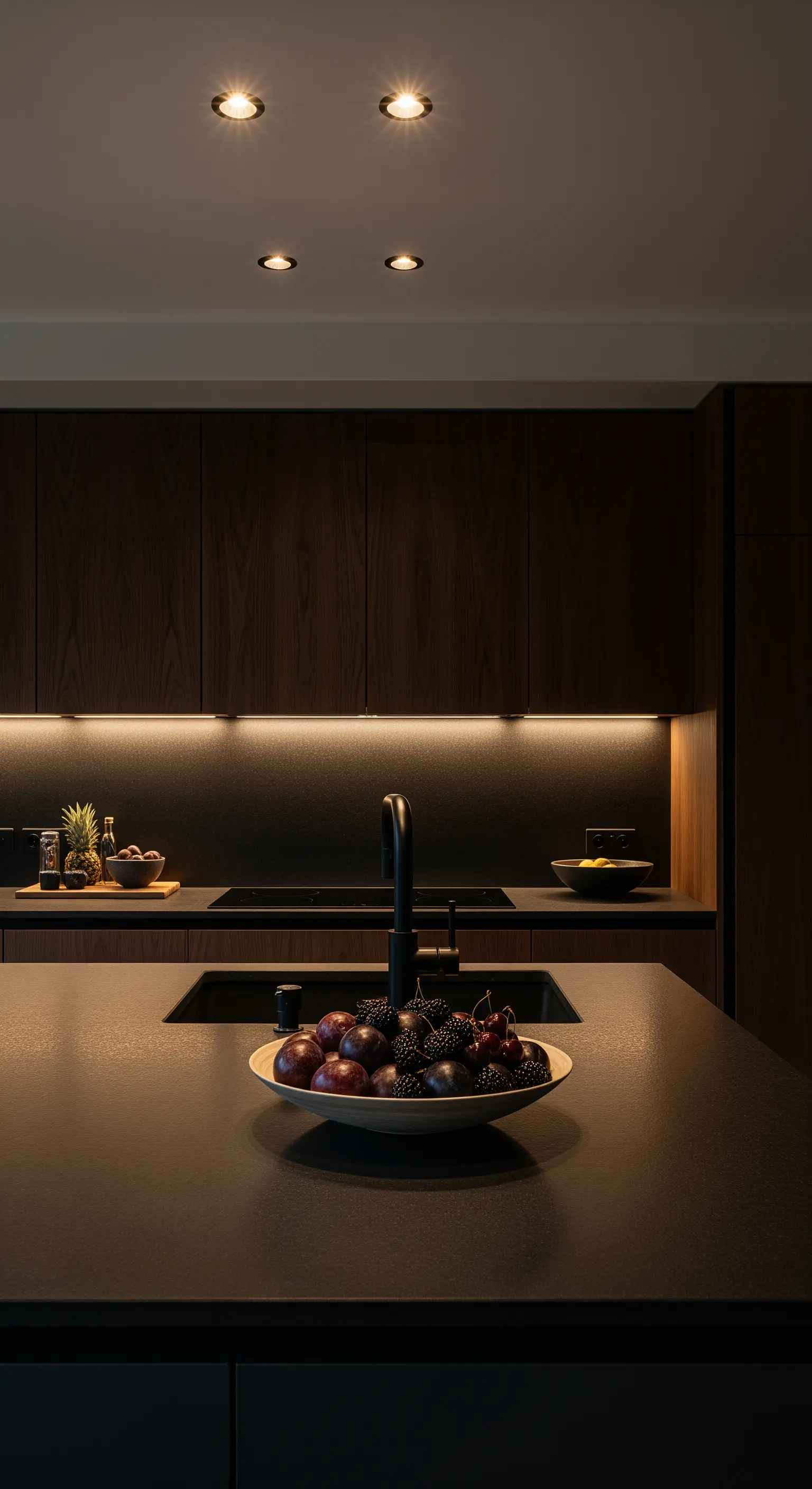 Moderne Küche mit dunklen Holzschränken und beleuchteter Kücheninsel, Decken-Spots und LED-Leisten