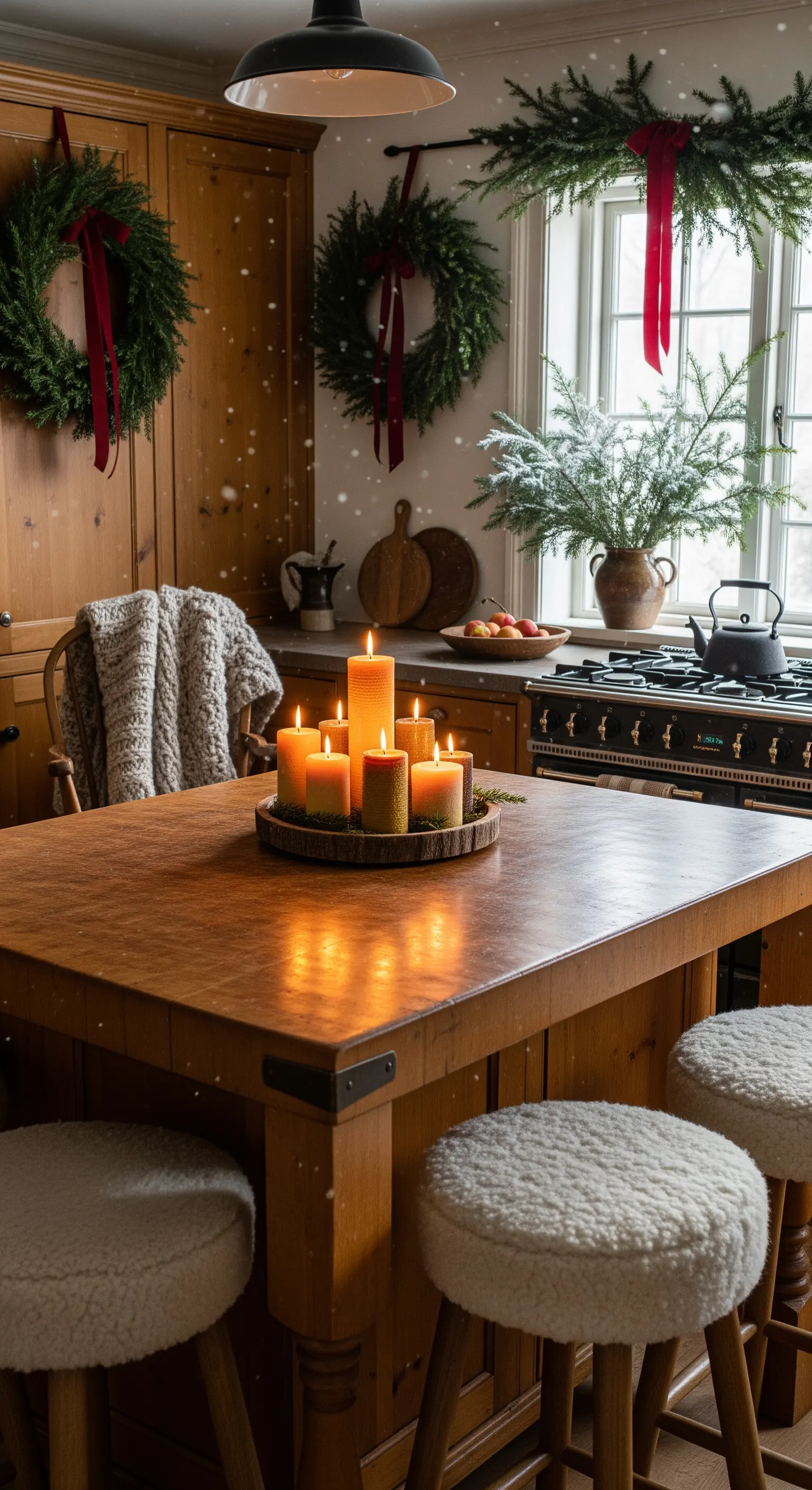 Kücheninsel mit Kerzentablett, Tannengirlanden, Fellhocker