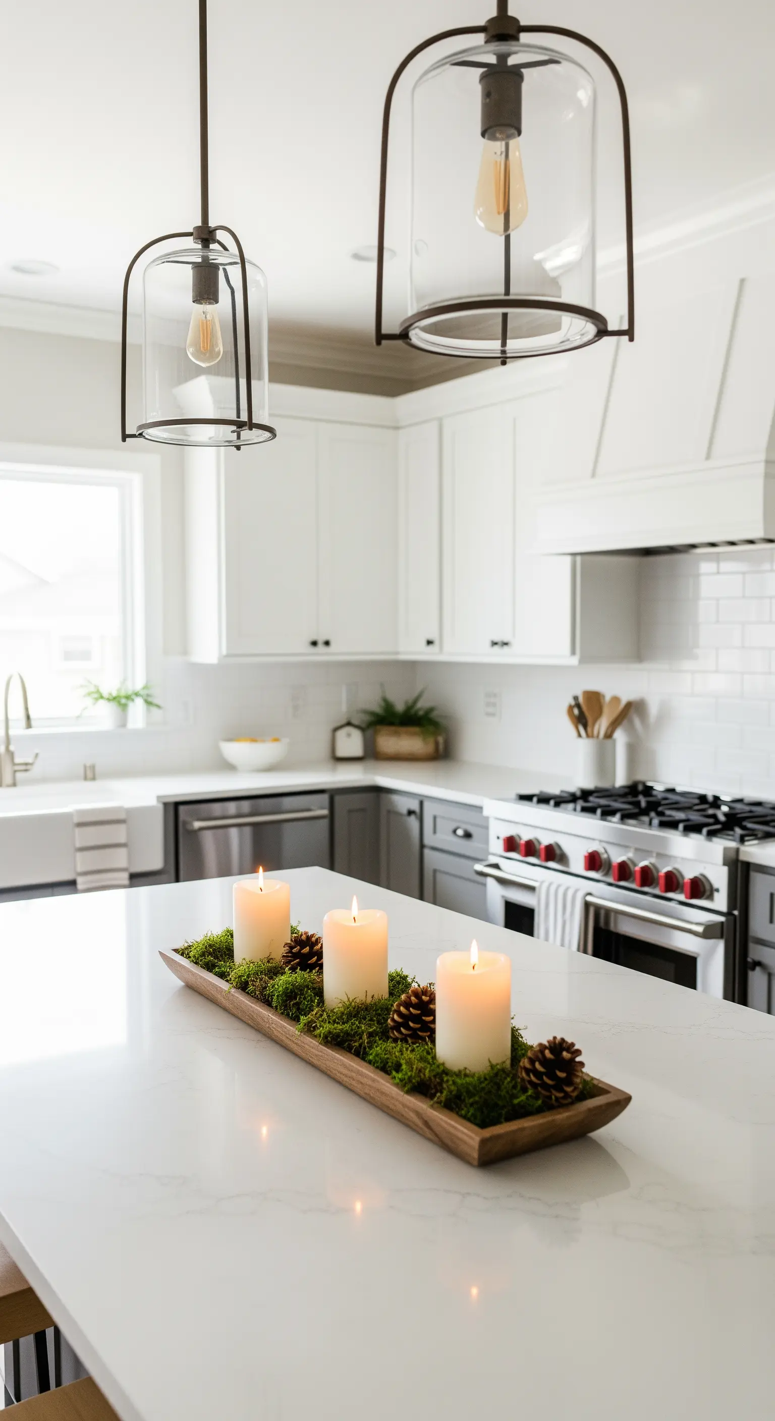 Holzschale mit Moos, drei Blockkerzen und Tannenzapfen auf einer Kücheninsel