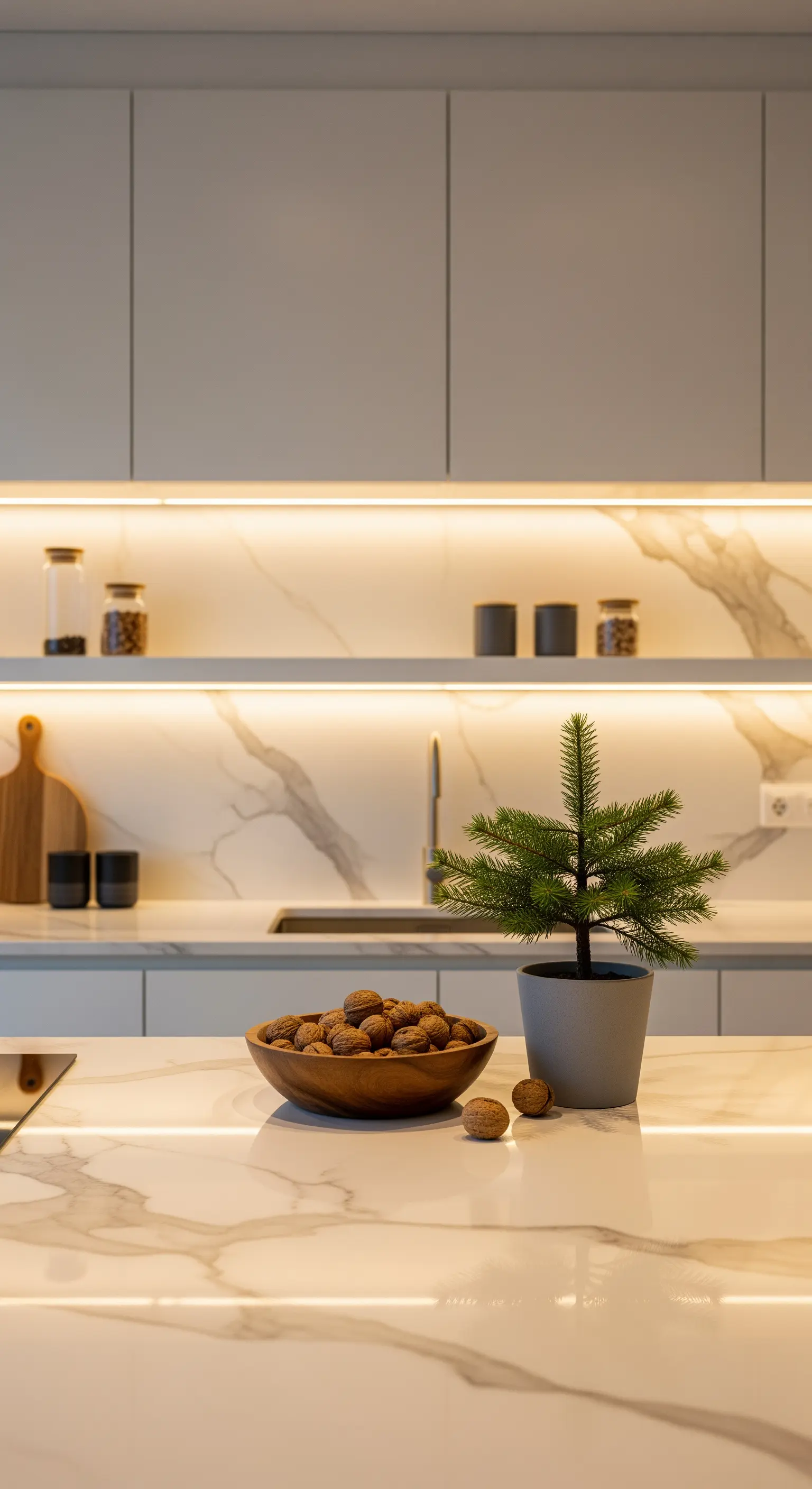Kücheninsel mit kleiner Tanne im Topf und Holzschale voller Walnüsse.