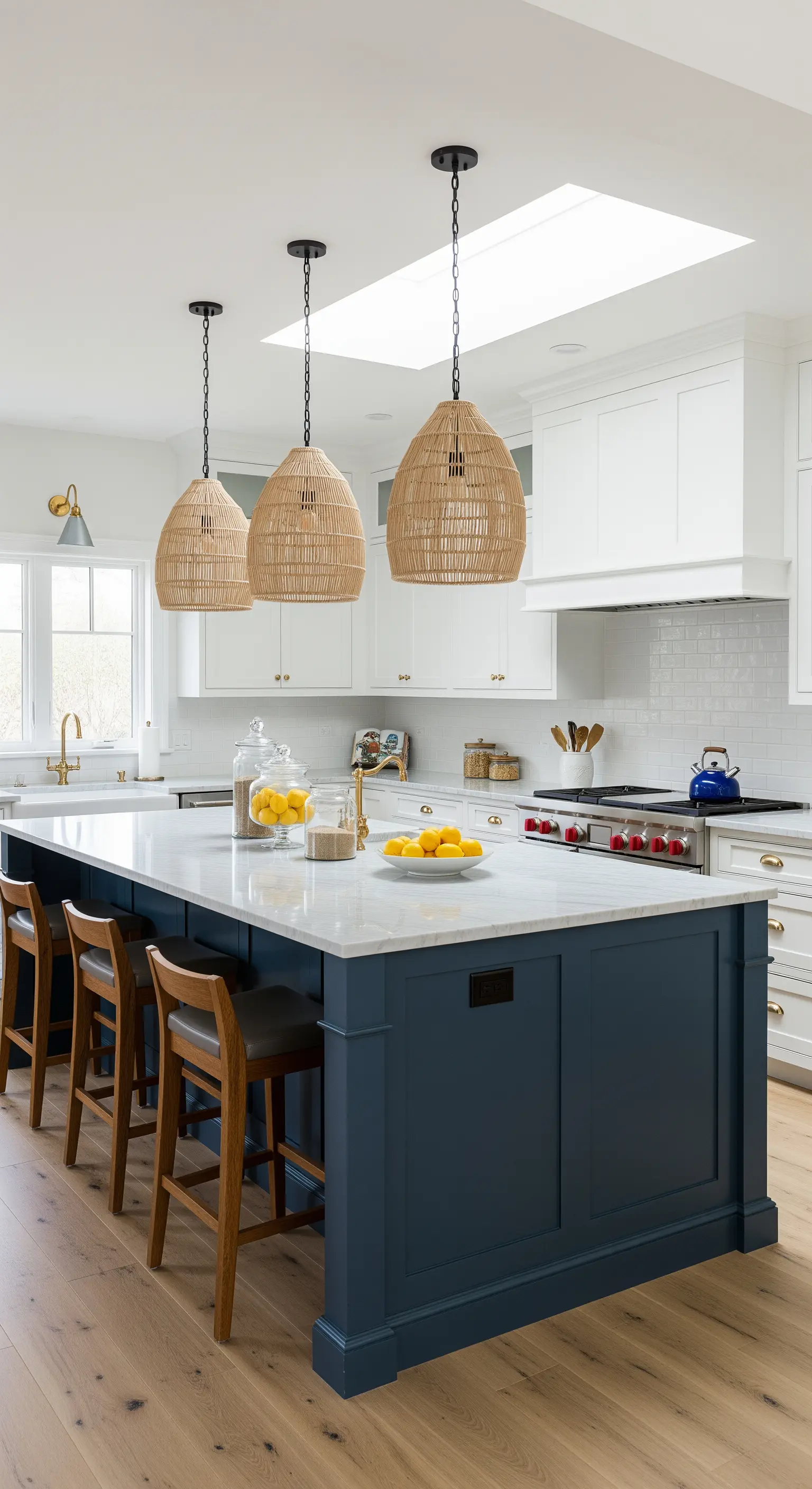 Marineblaue Kücheninsel mit Rattan-Pendelleuchten und frischen Zitronen