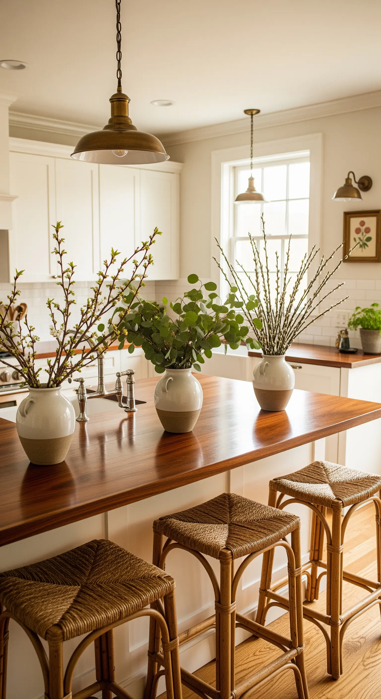 Drei Vasen mit Birkenzweigen, Eukalyptus und Weidenkätzchen auf Kücheninsel