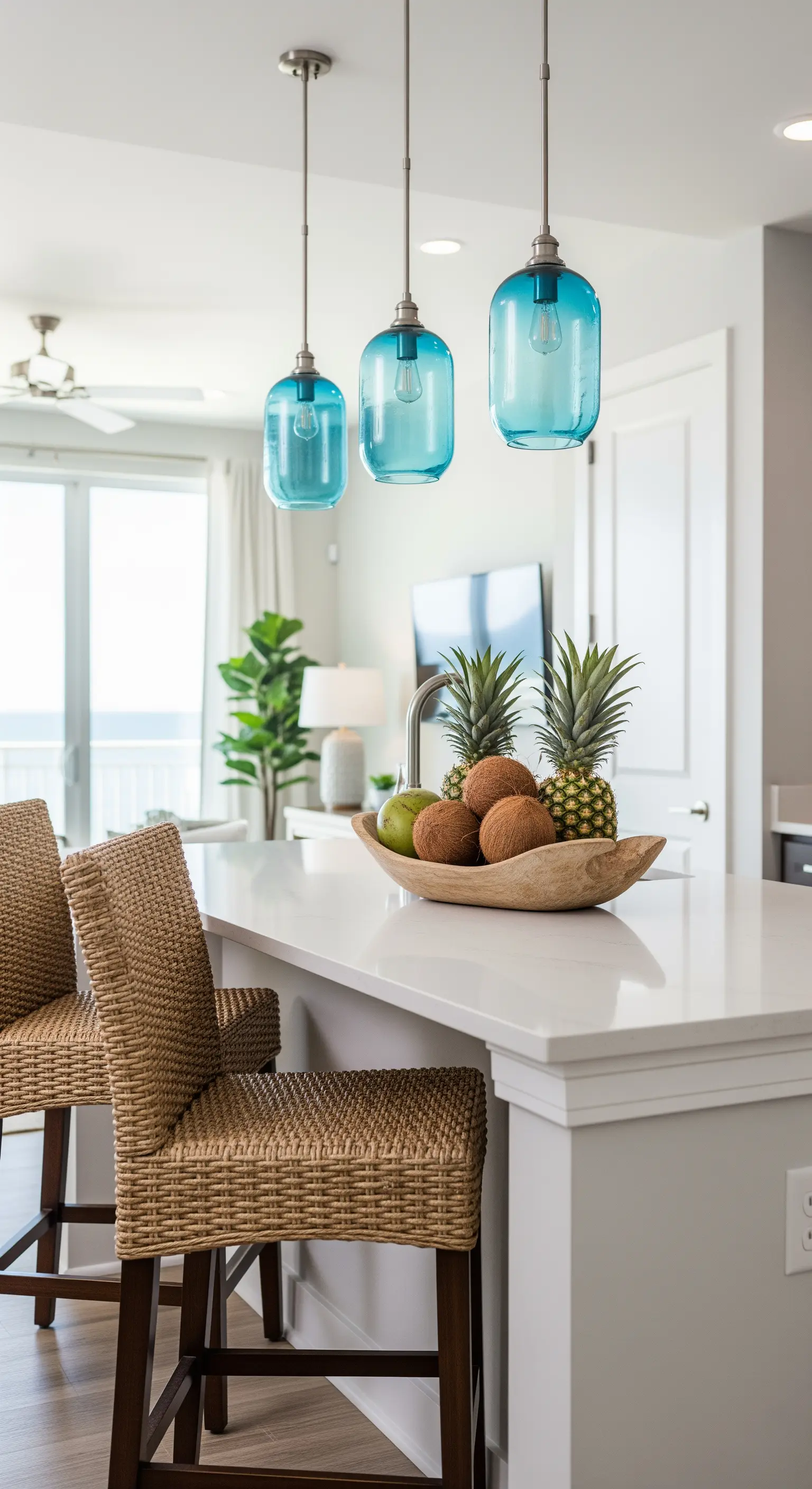 Türkis Hängelampen, tropische Früchte, Kücheninsel