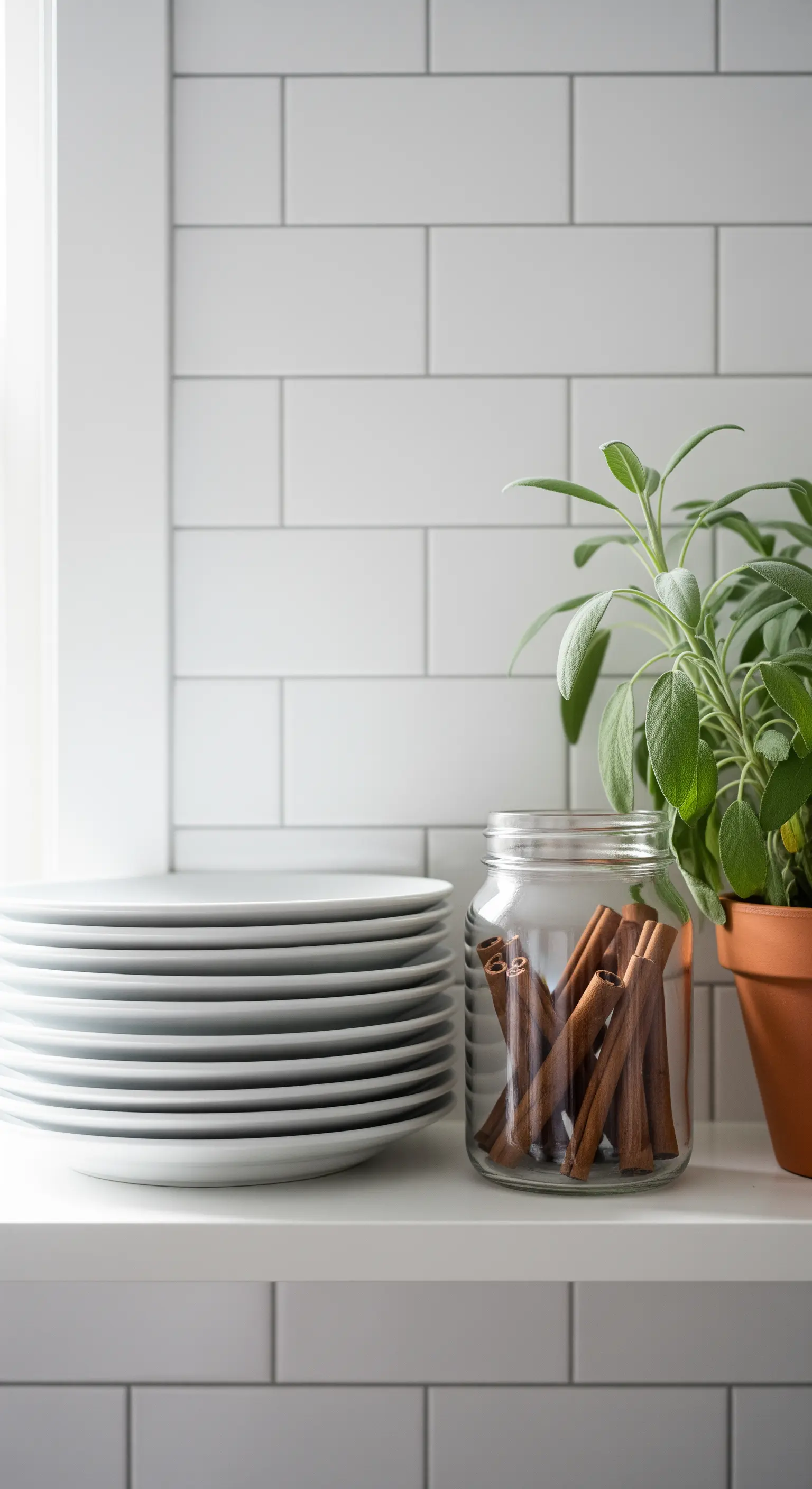 Küchenregal mit weißen Tellern, Glas voller Zimtstangen und Salbeipflanze.