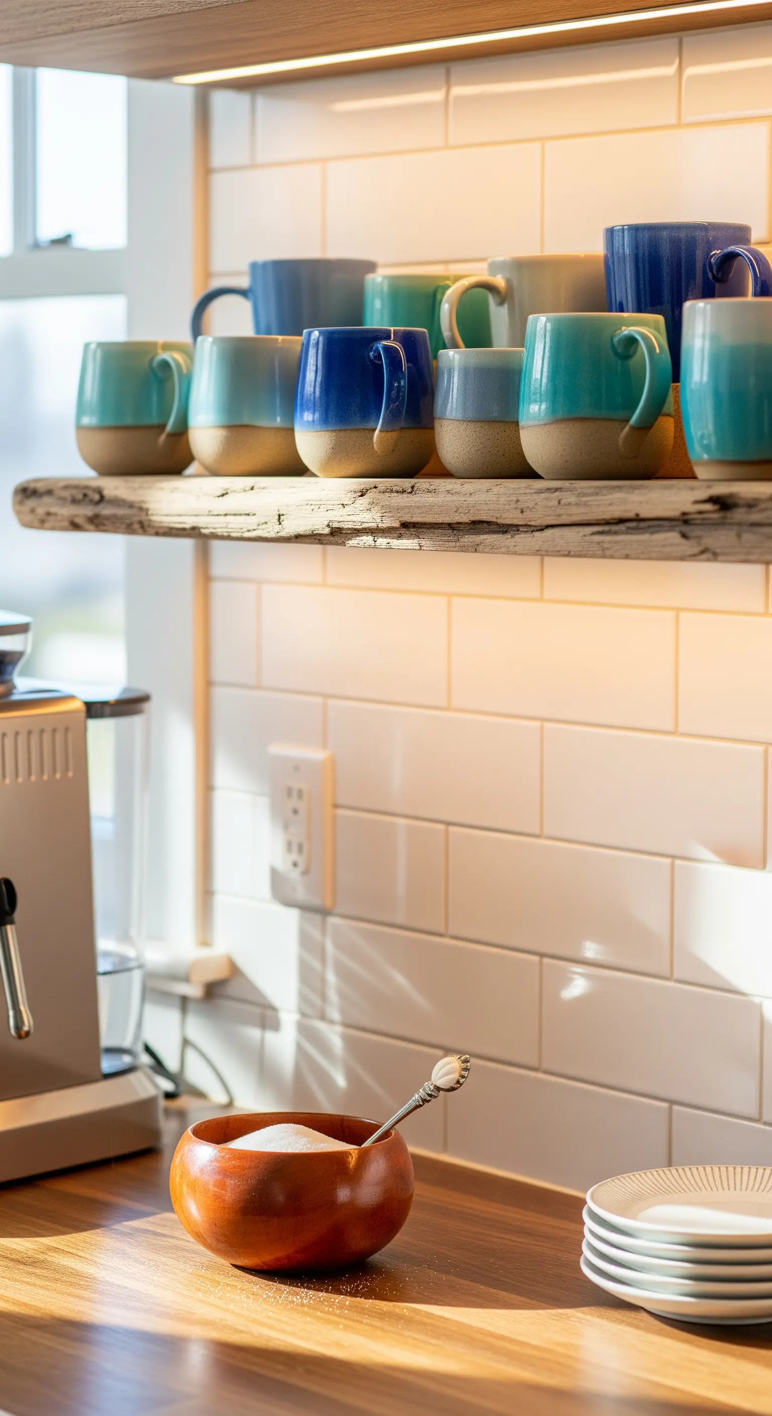 Treibholz-Küchenregal mit blauen Tassen über Metrofliesen
