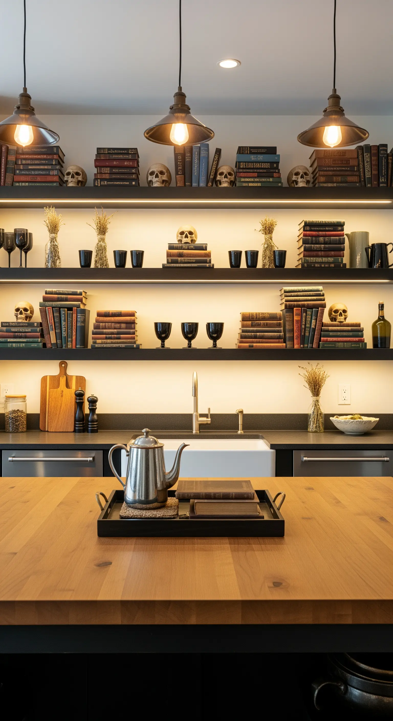 Küchenregal, Bücher, Schädel, Weizen, dunkles Geschirr, Regalbeleuchtung.