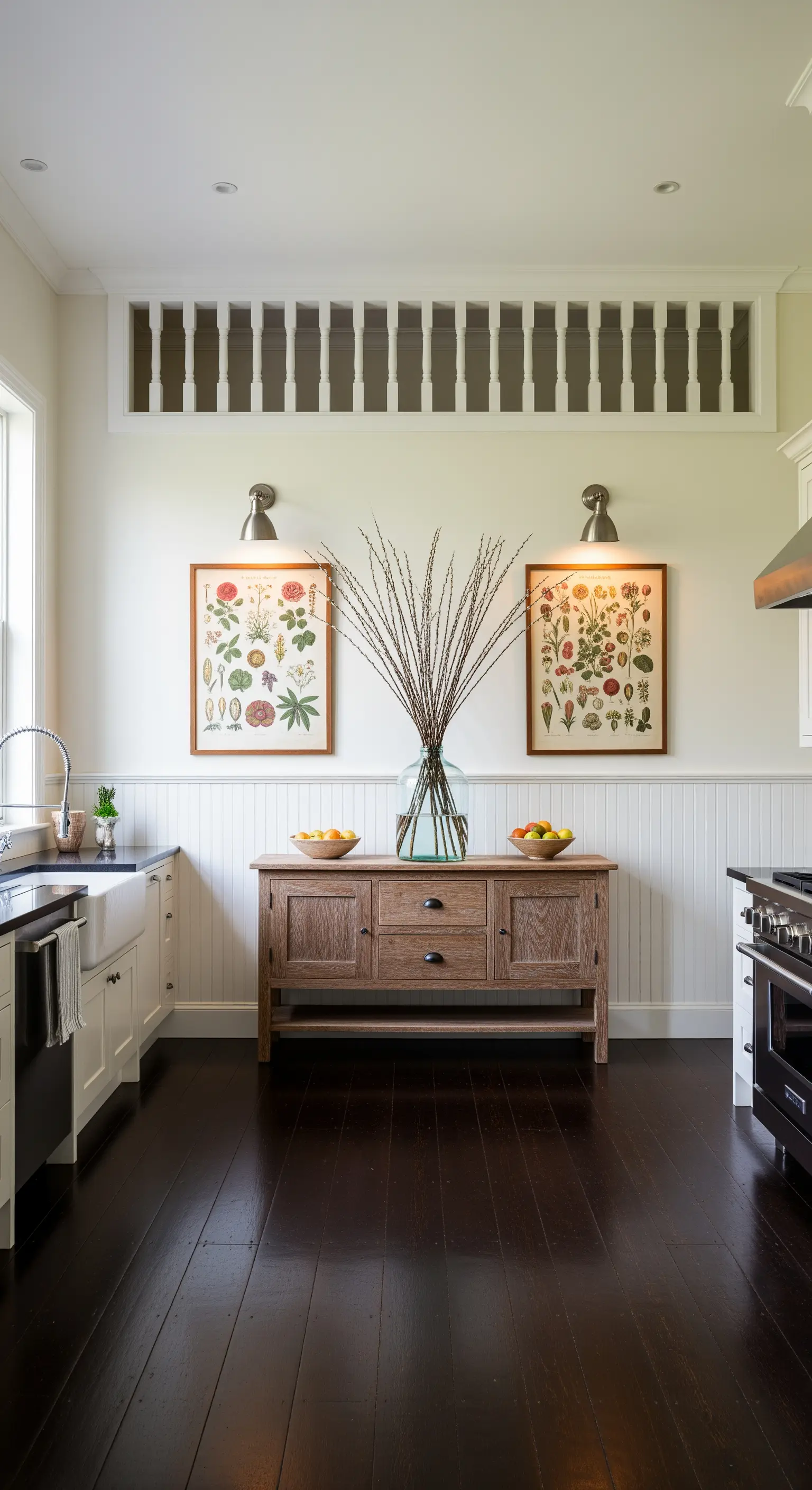 Botanische Drucke und Zweige auf Holzbuffet in weißer Küche