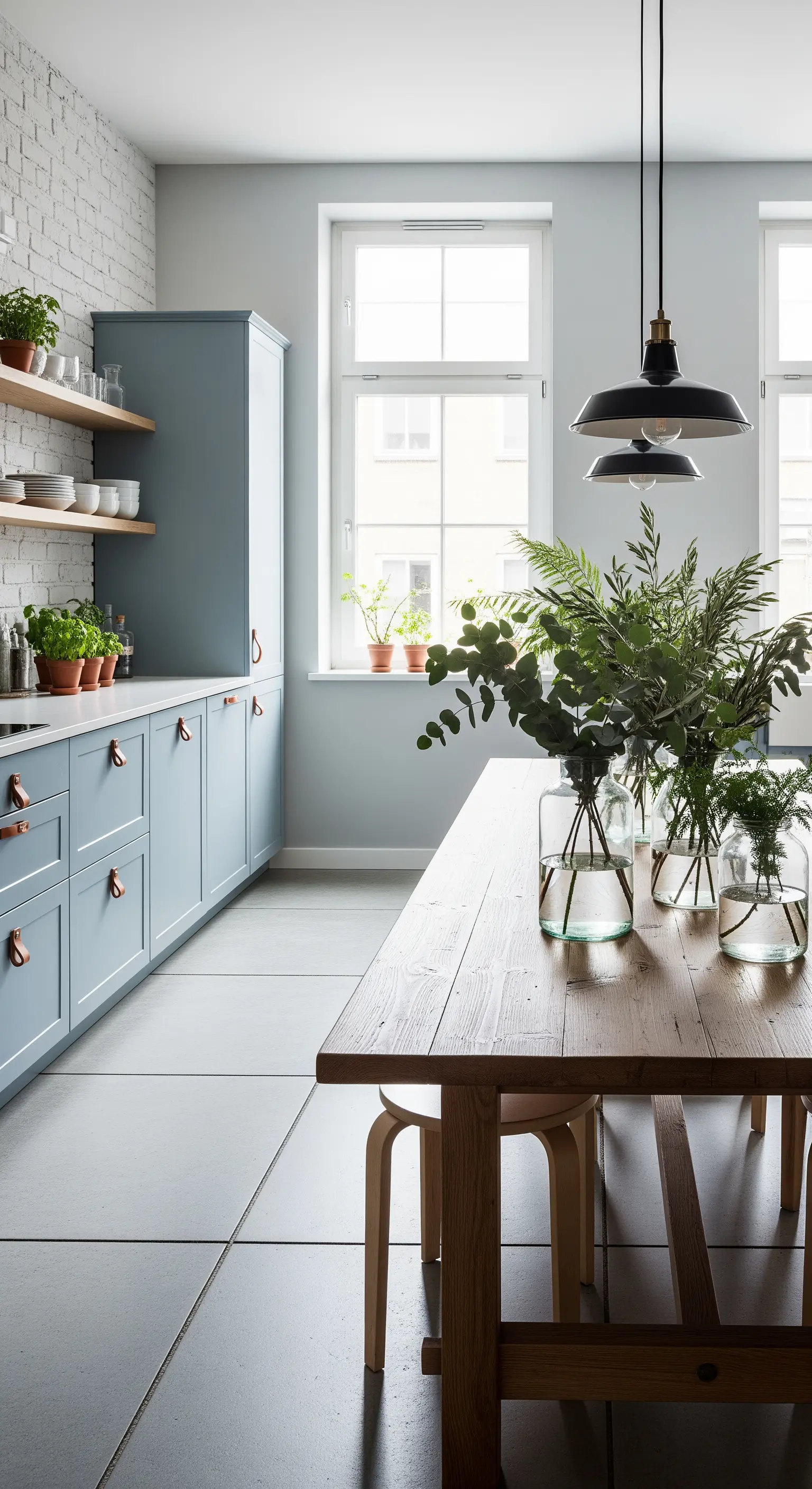 Hellblaue Küchenschränke, Holzregale und lange Holztisch mit grünen Zweigen in Vasen