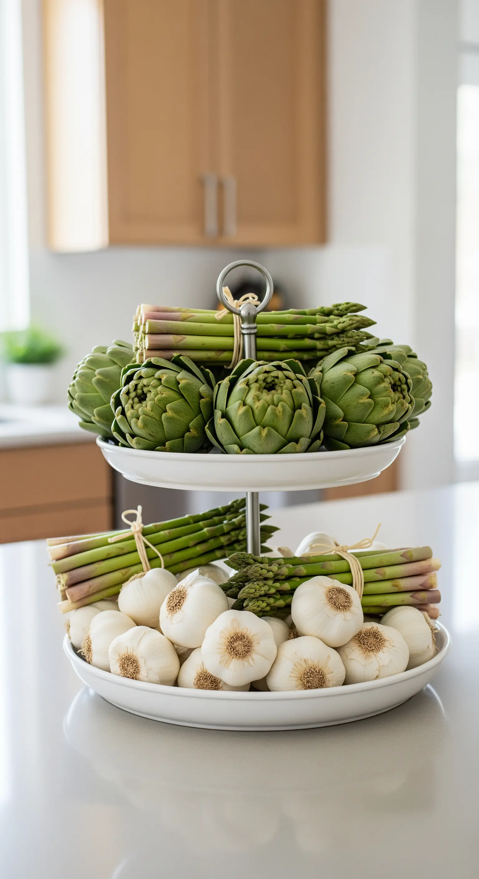 Weiße Etagere mit Artischocken, Spargel und Knoblauch