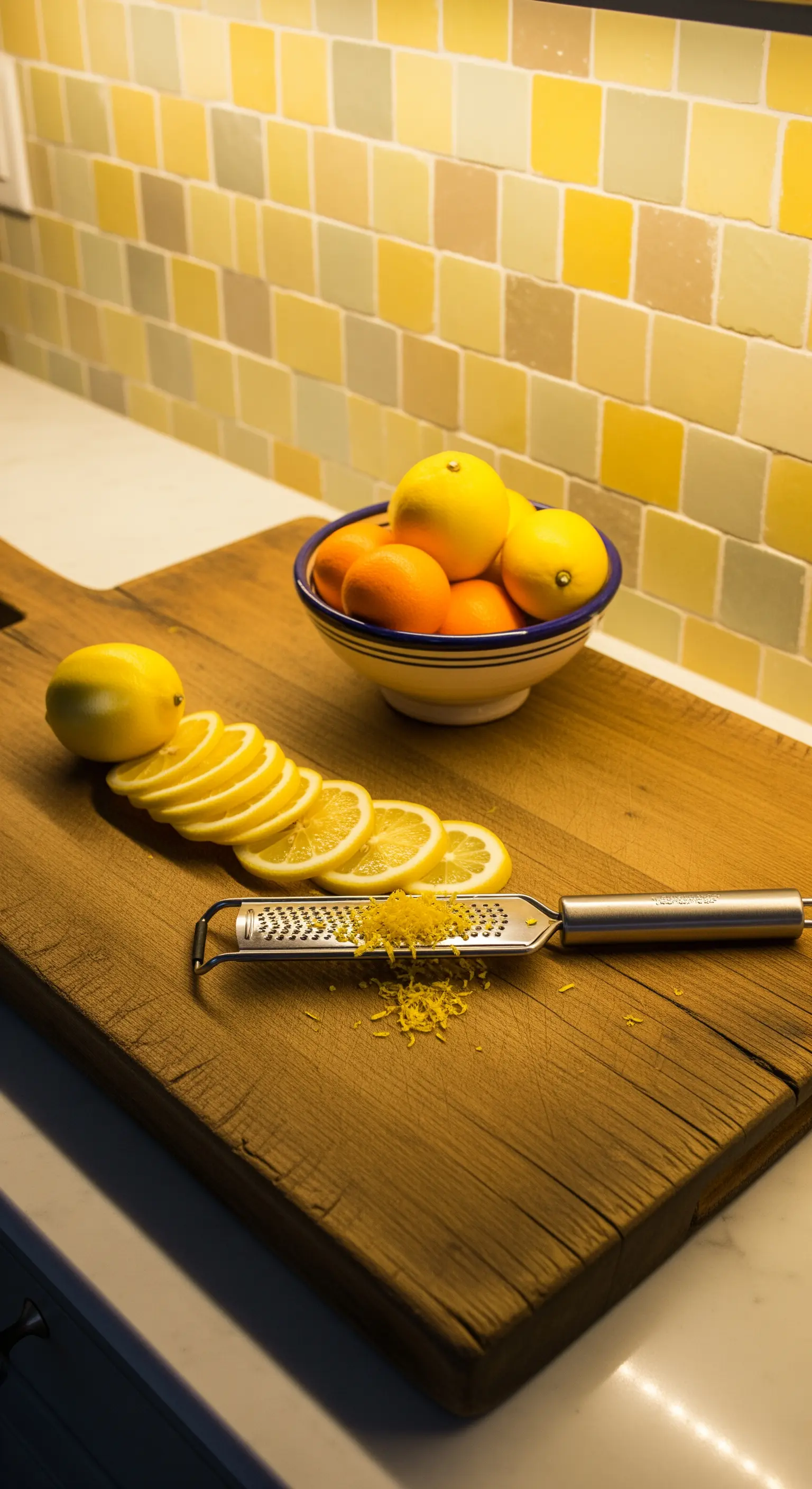 Zitronenscheiben und Zesten auf einem Holzschneidebrett