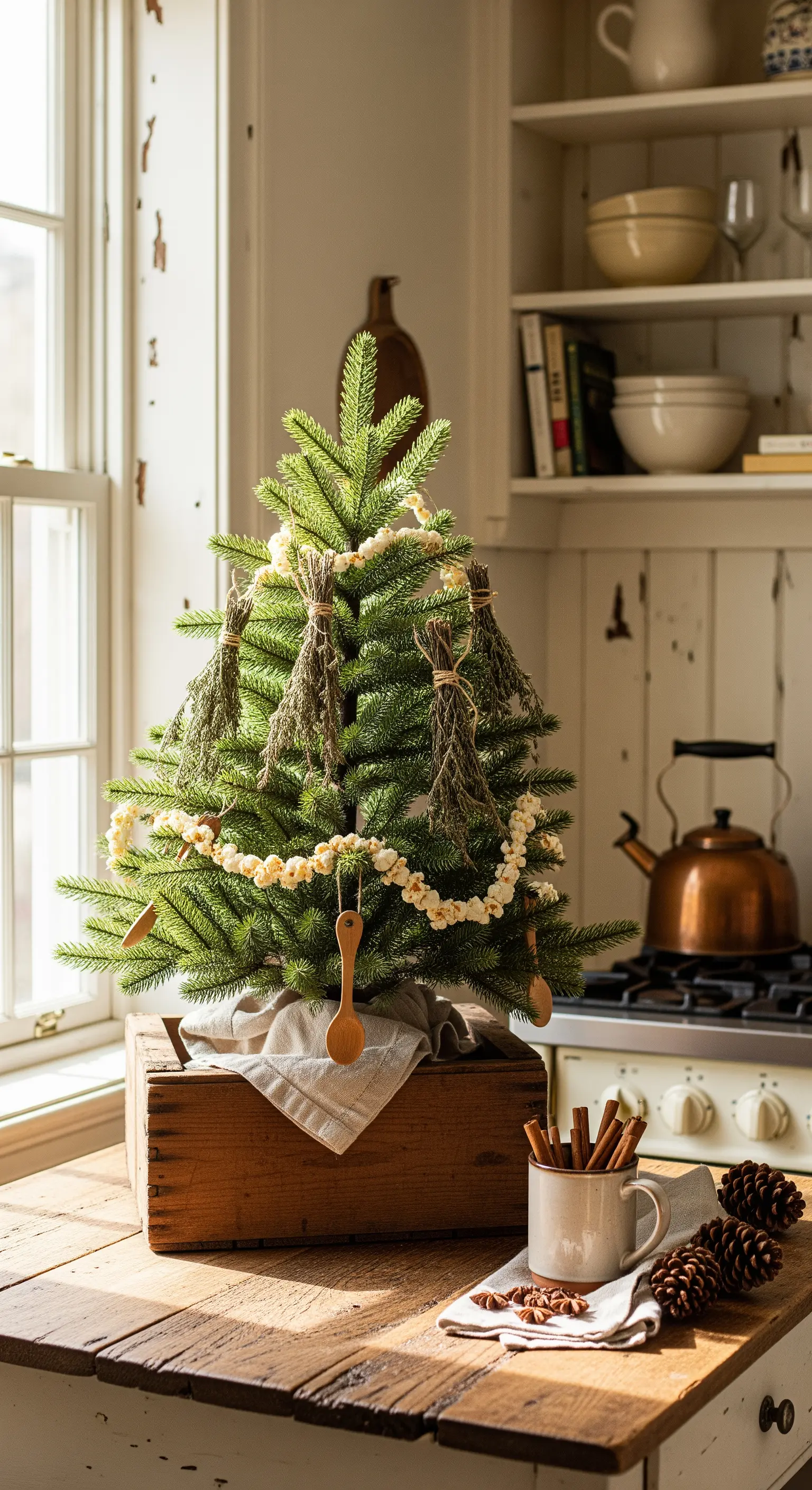 Mini-Weihnachtsbaum in Bauernküche, Popcorn-Girlande, getrocknete Kräuter, Holzlöffel.